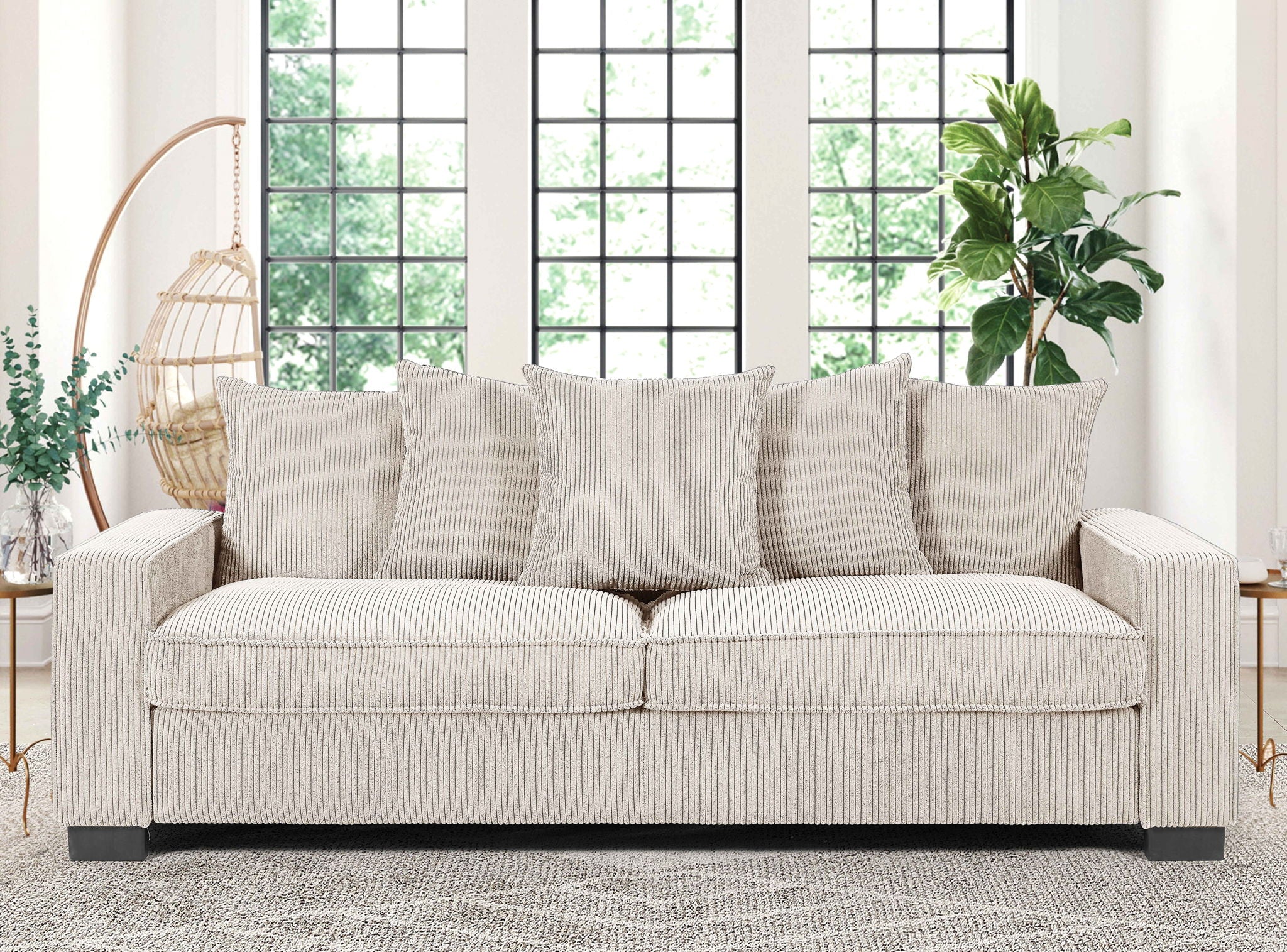 Luxe Sofa With 5 Matching Toss Pillows, Sleek Design, Spacious And Comfortable 3 Seater Couch