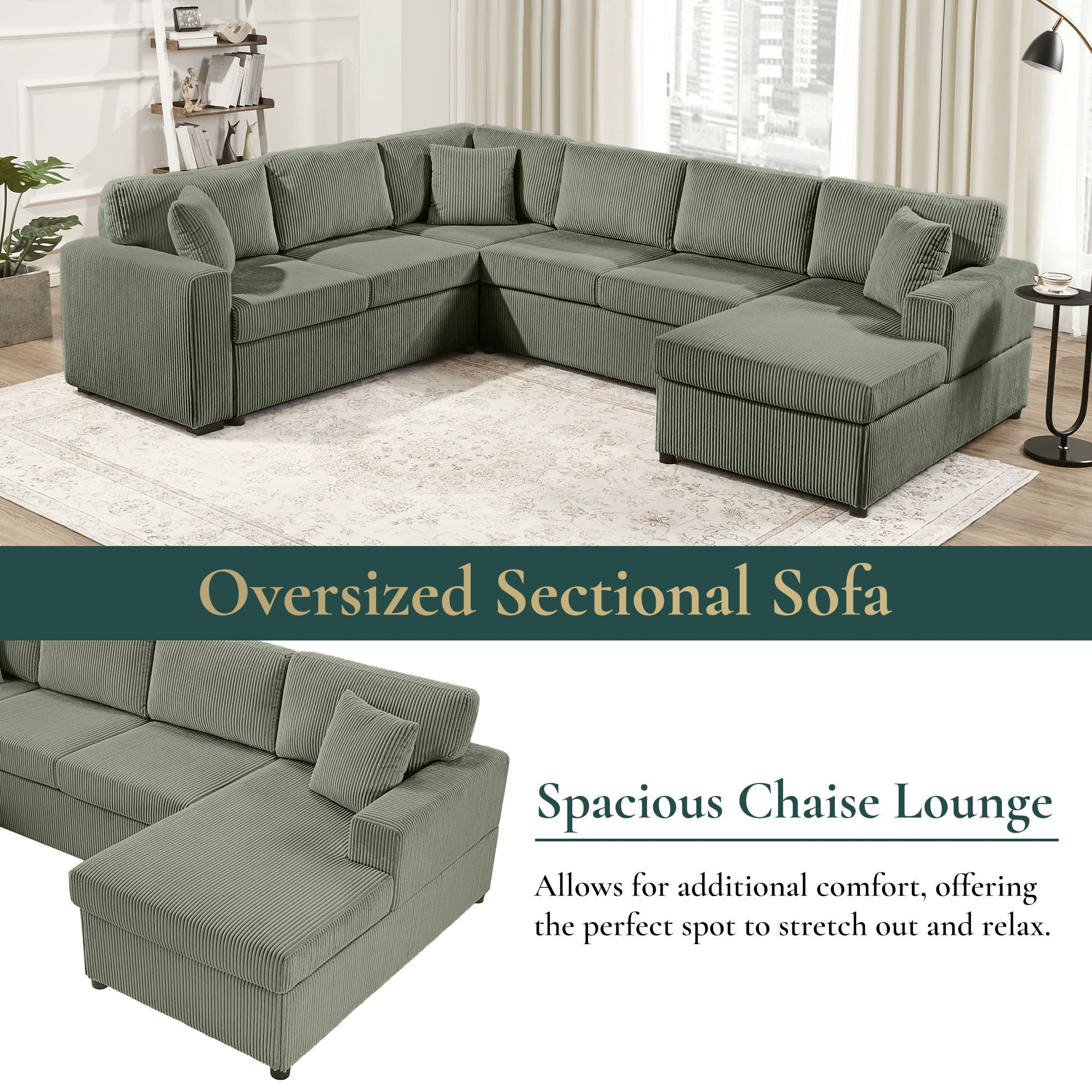 Oversized Sectional U-Shaped Sofa With Chaise Lounge And Three Soft Throw Pillows