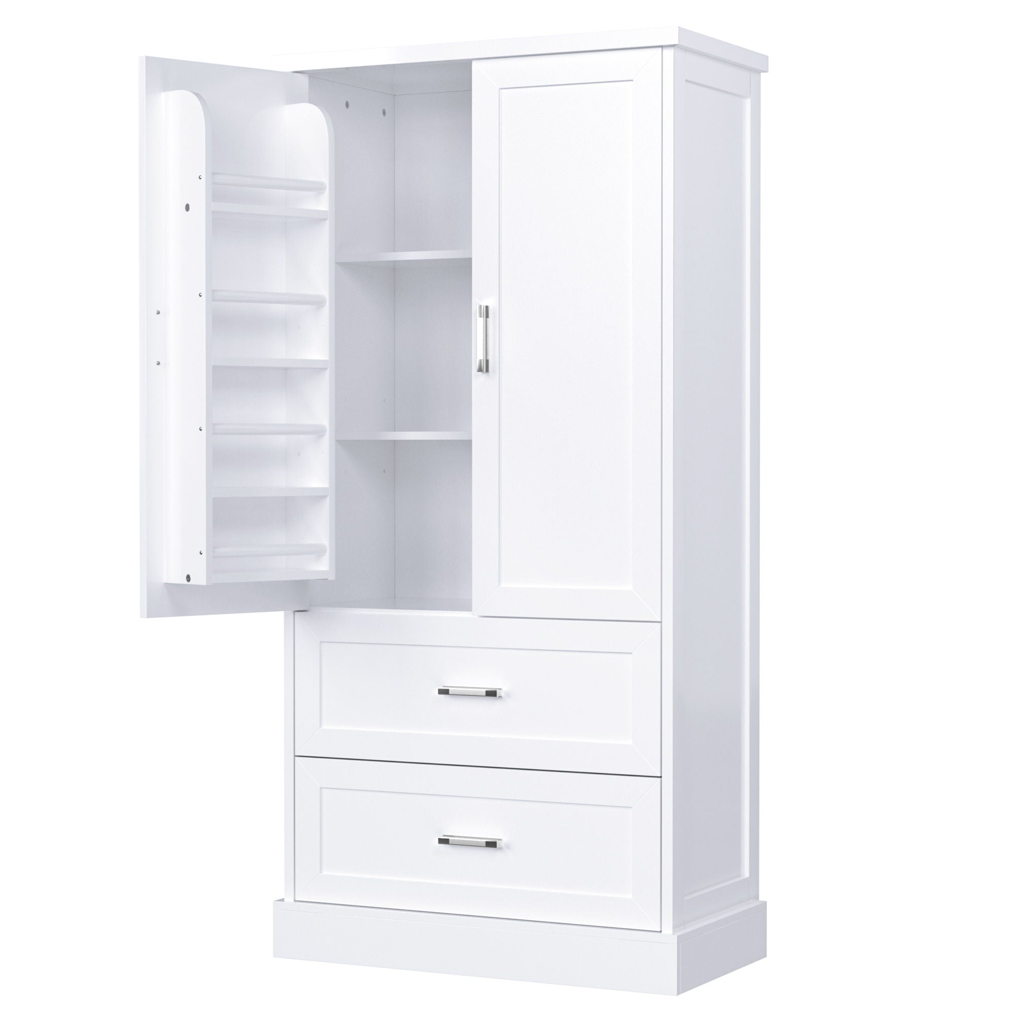 Tall Bathroom Storage Cabinet With 2 Doors And Drawers, Adjustable Shelf