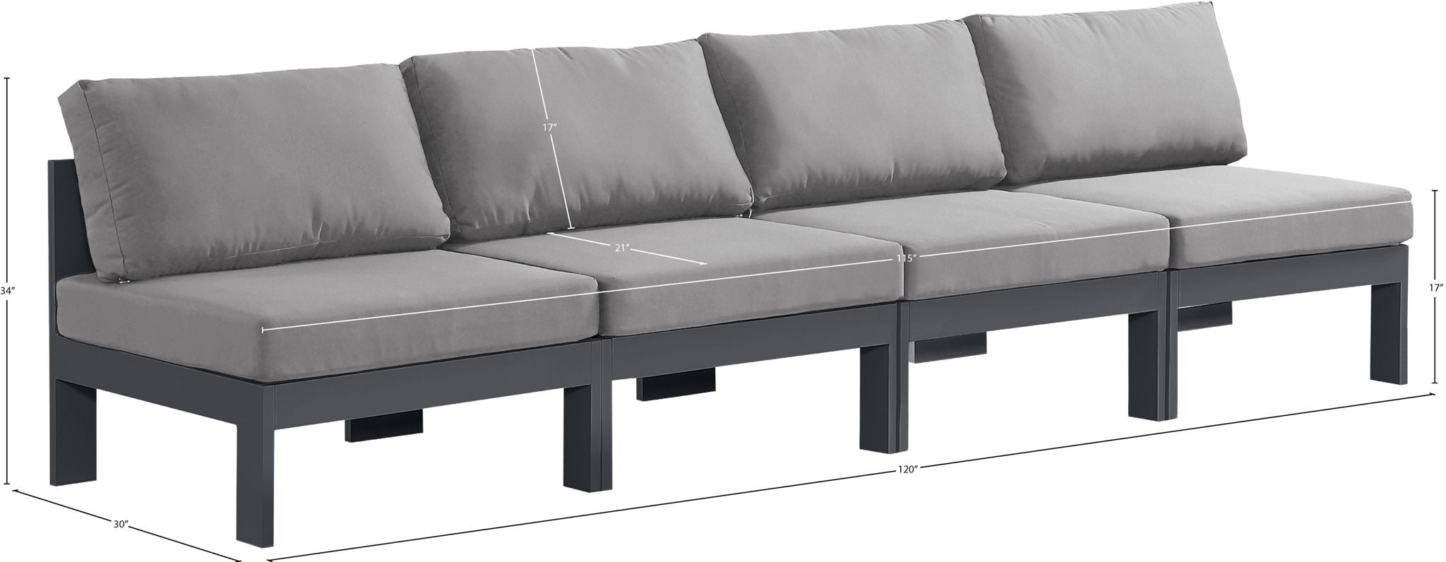 Nizuc - Outdoor Patio 4 Seat Armless Modular Sofa With Gray Frame