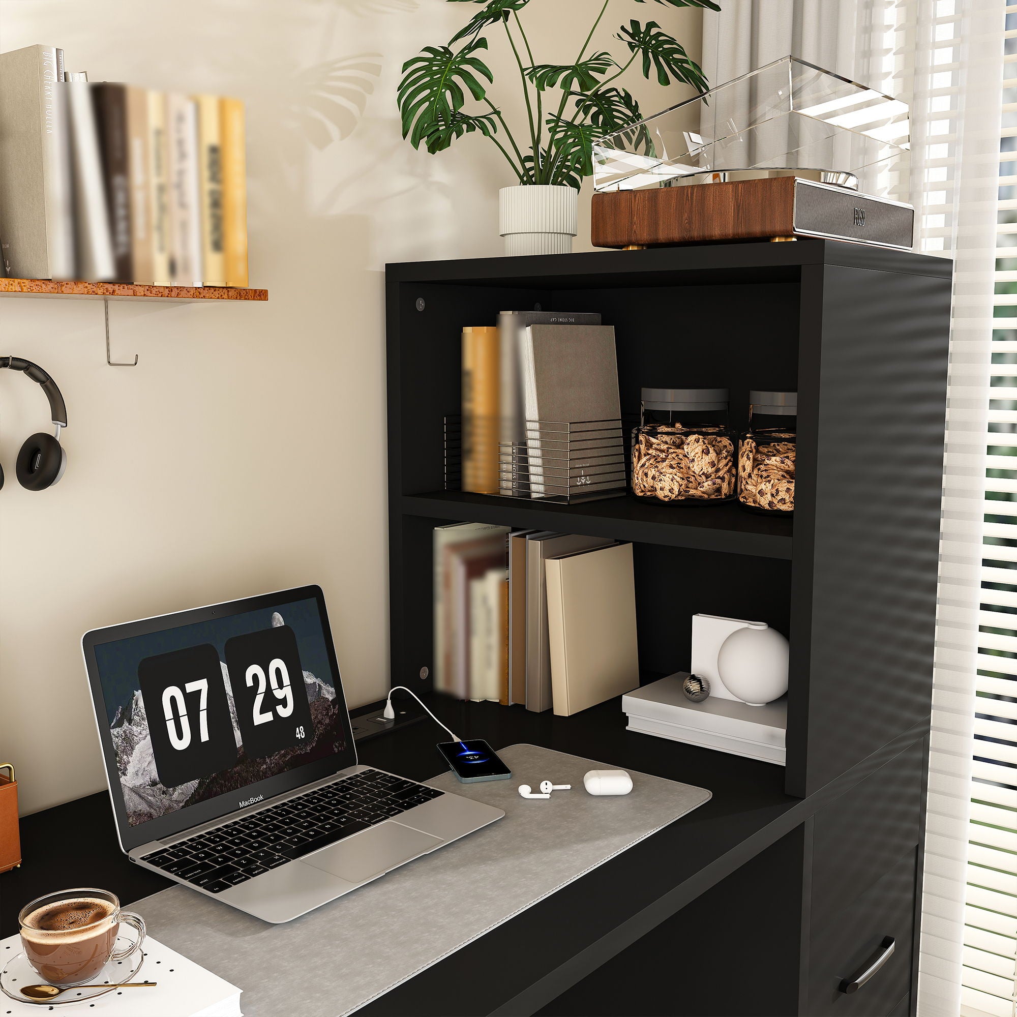 Computer Desk With 4 In 1 Socket & 3 Drawers, 4 Tier Shelves
