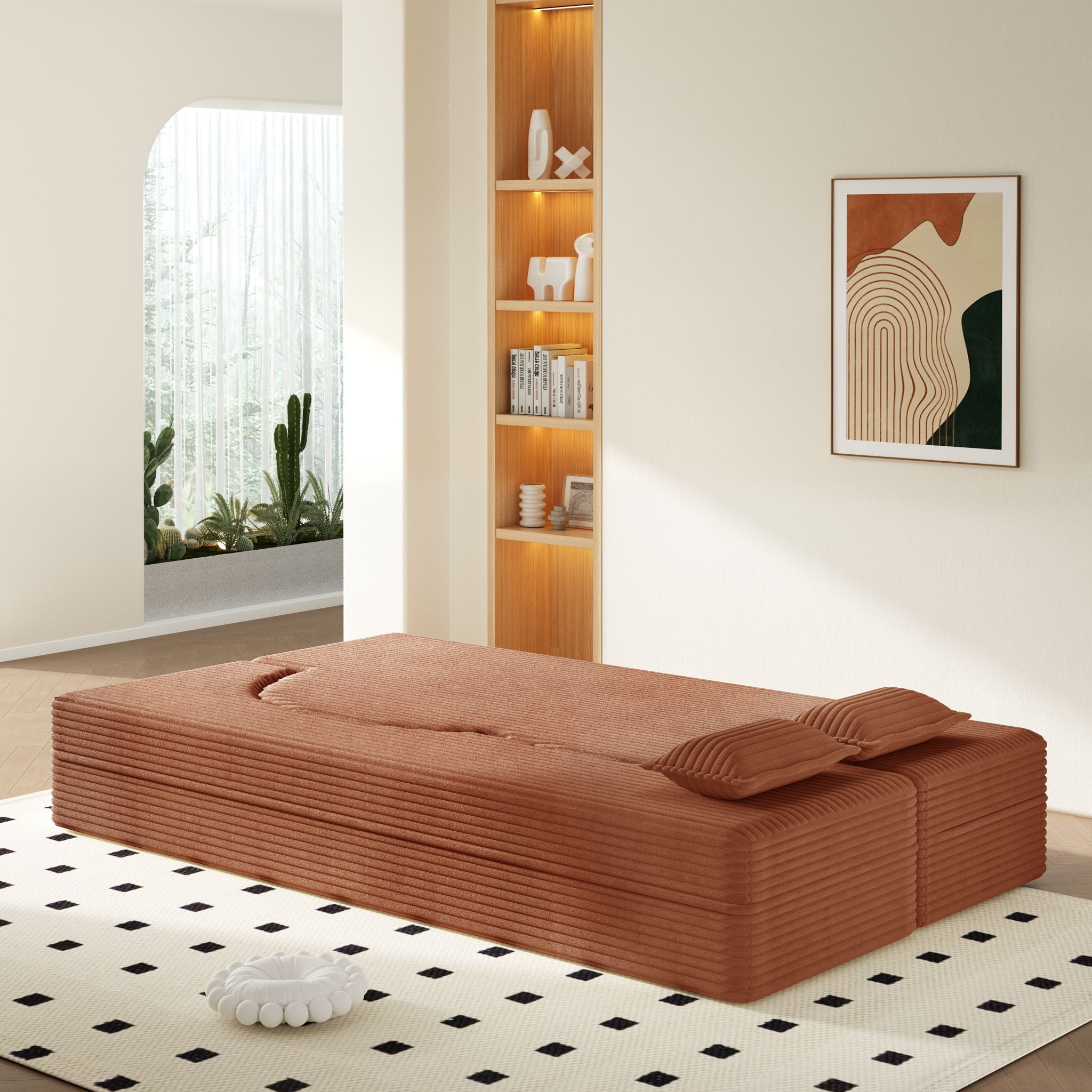 Modern Floor Sofa With 2 Pillows, Convertible Twin Size Folding Mattress For Living Room