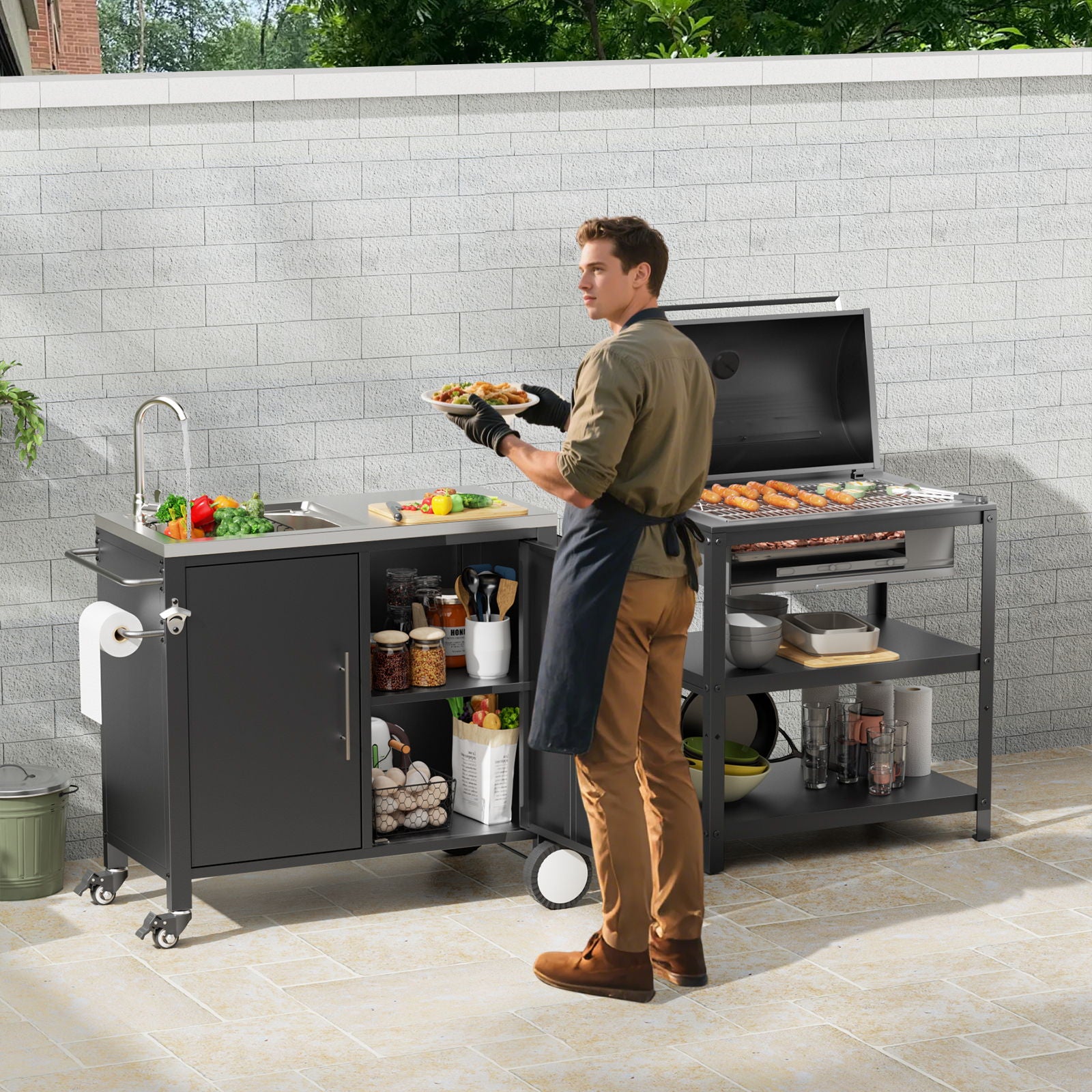 Outdoor Grill Table With Sink, Grill Cart With Sink And Cabinet With Wheels - Black / Silver