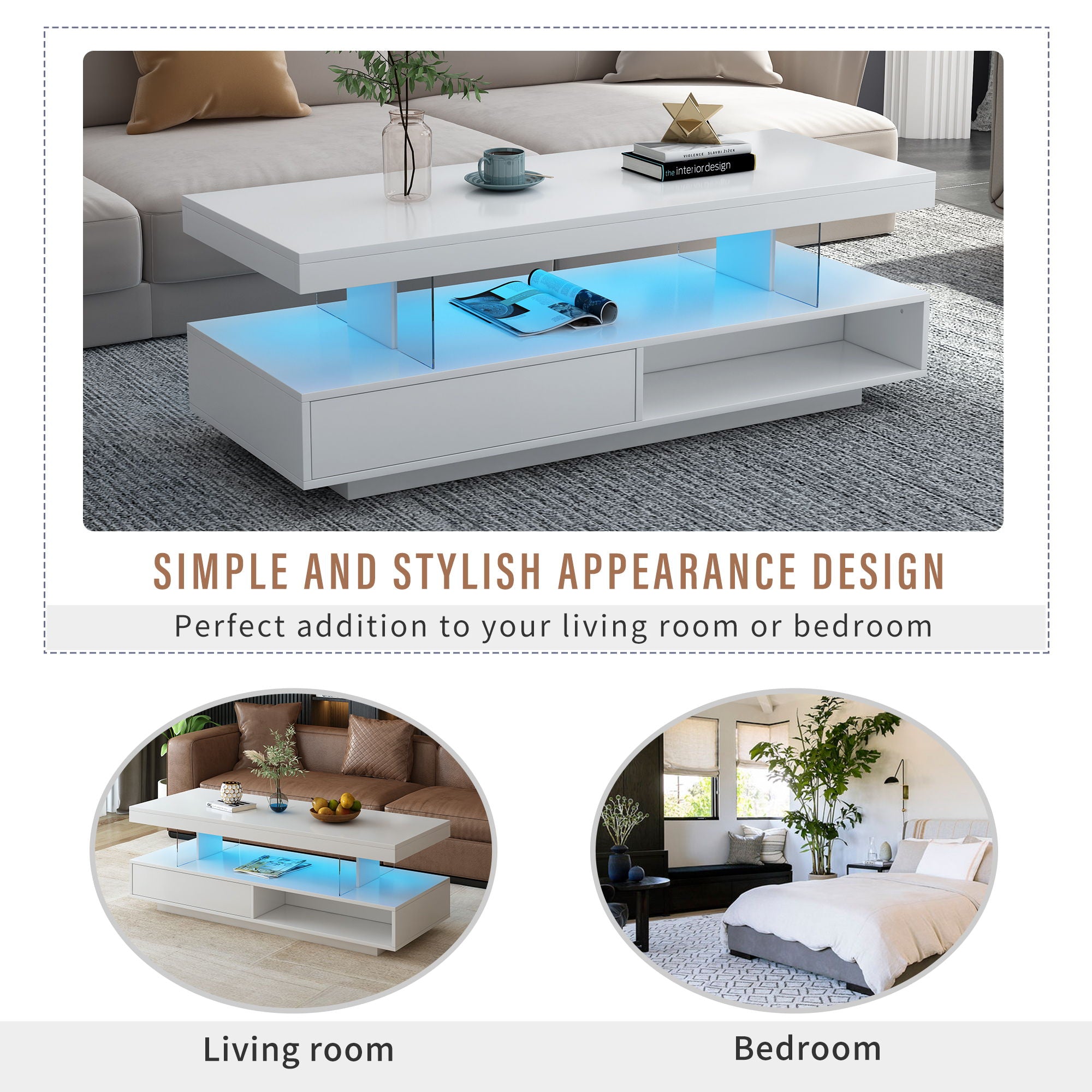 LED Coffee Table With Storage, Modern Center Table With 2 Drawers And Display Shelves, Accent Furniture With LED Lights For Living Room - White