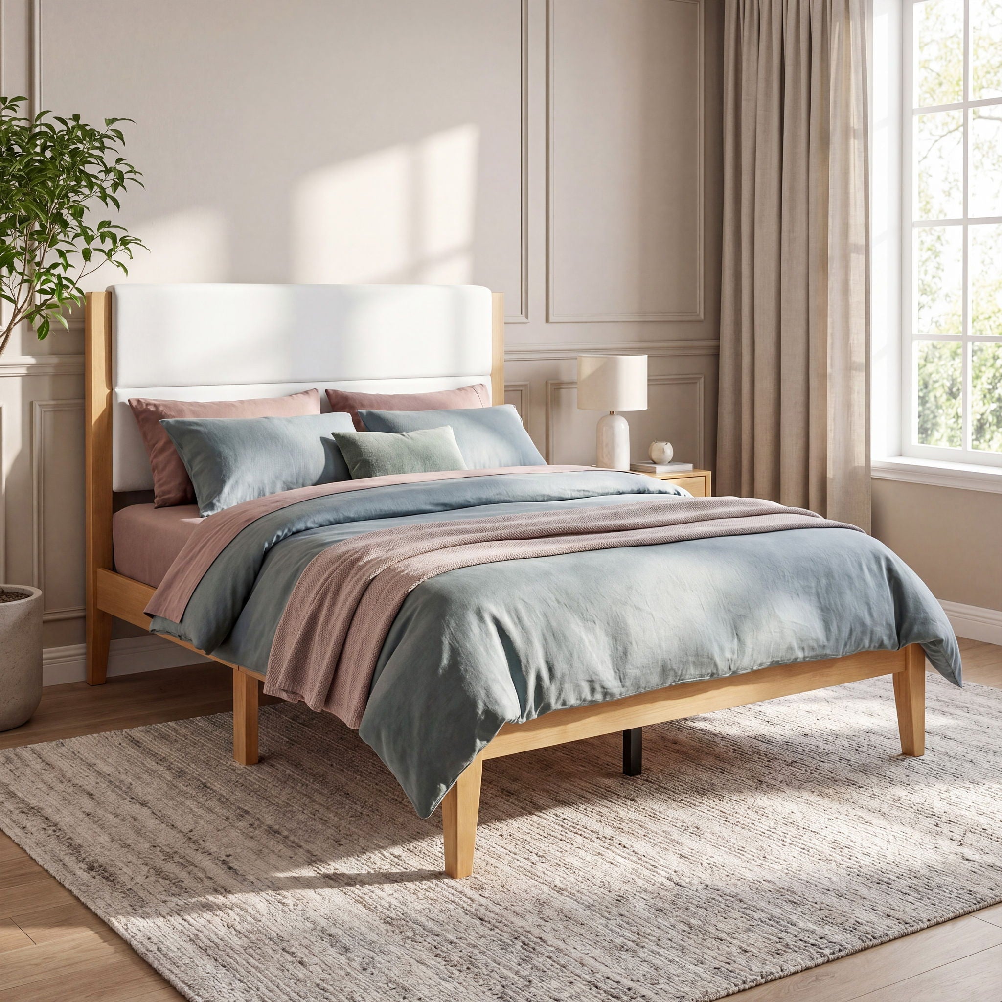 Platform Bed Frame With Upholstered Headboard, Slat Support