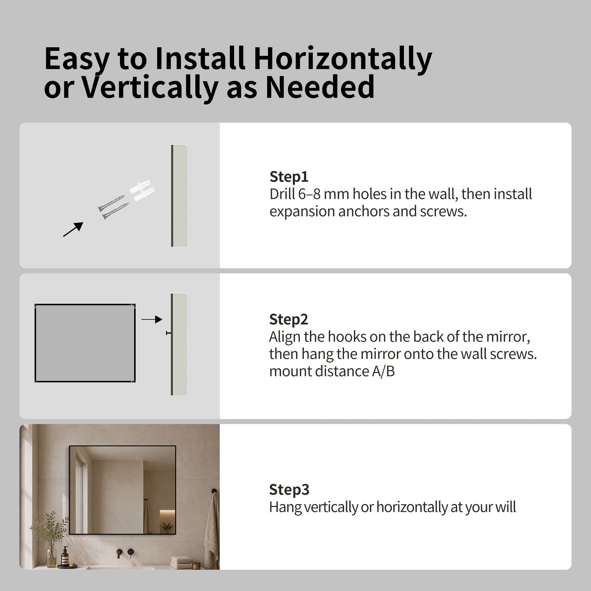Rectangular Framed Bathroom Wall Mirror, Horizontal Or Vertical Mount