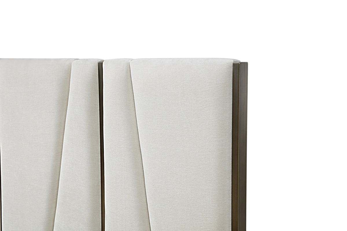 Nixa - Modern Beige Velvet + Brushed Bronze Bed + Birch Nightstands
