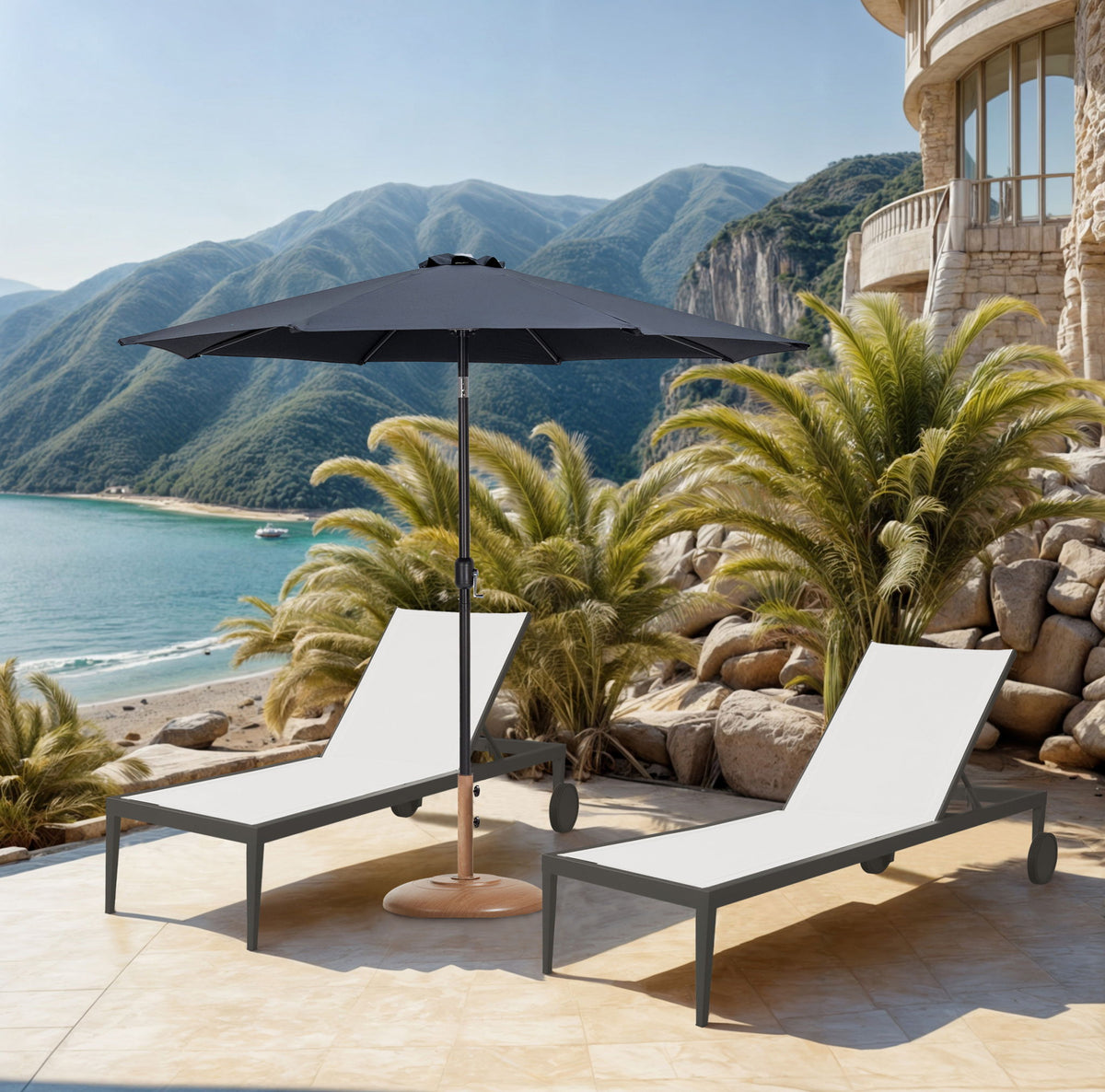 Fiji - Aluminum Patio Umbrella With Round Teak And Black Base