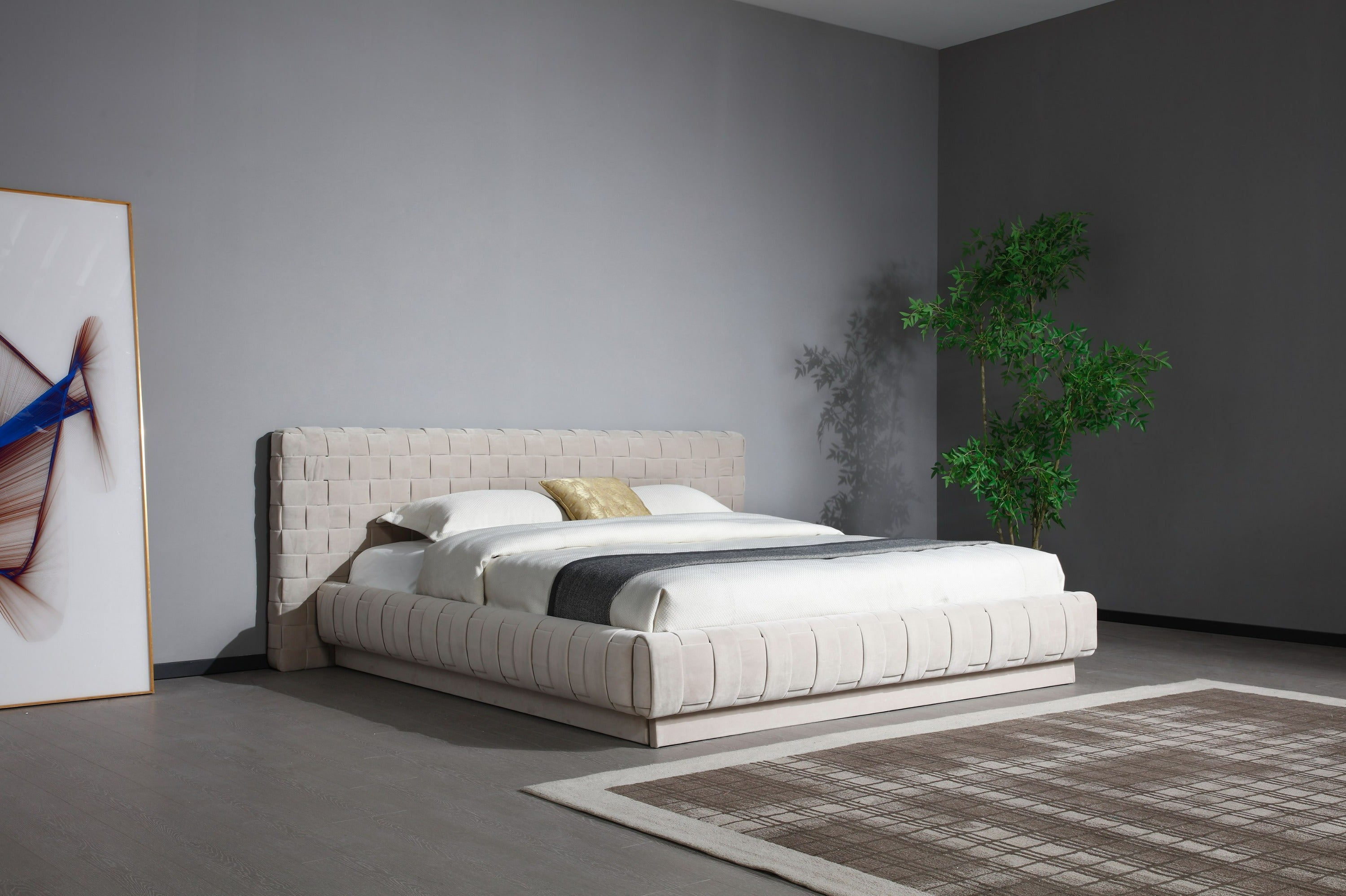Modrest Concord - Modern Grey Velvet + Black Marble + Black Ash + Aluminum Bedroom Set