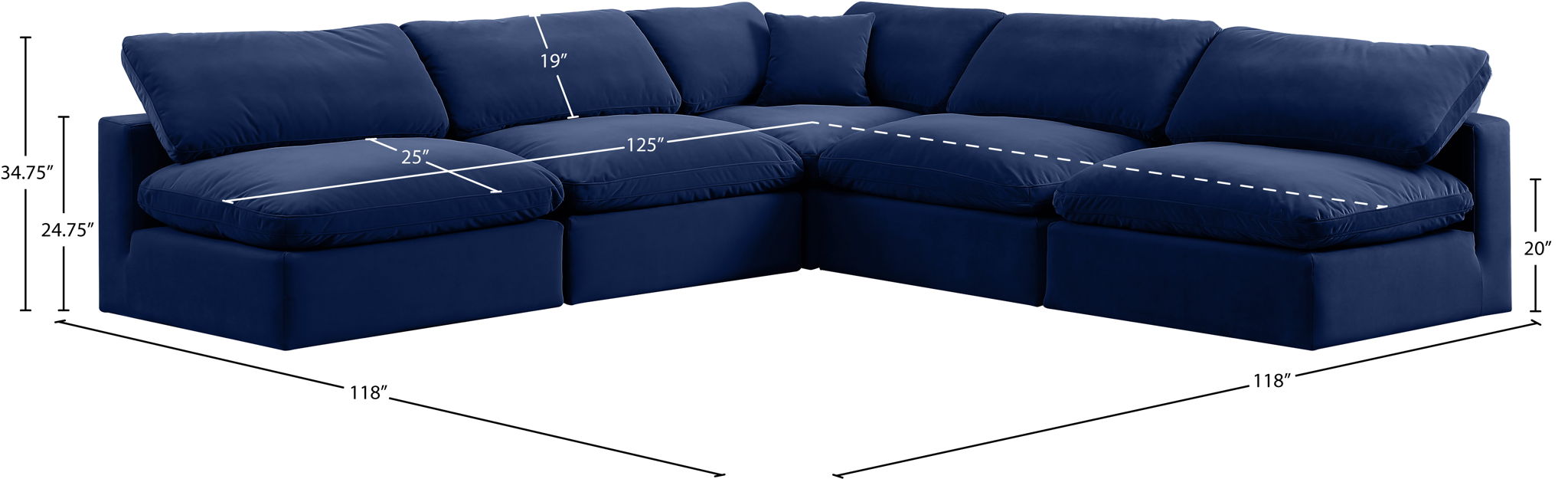 Comfy - 5 Piece Velvet Modular Corner Armless Sectional