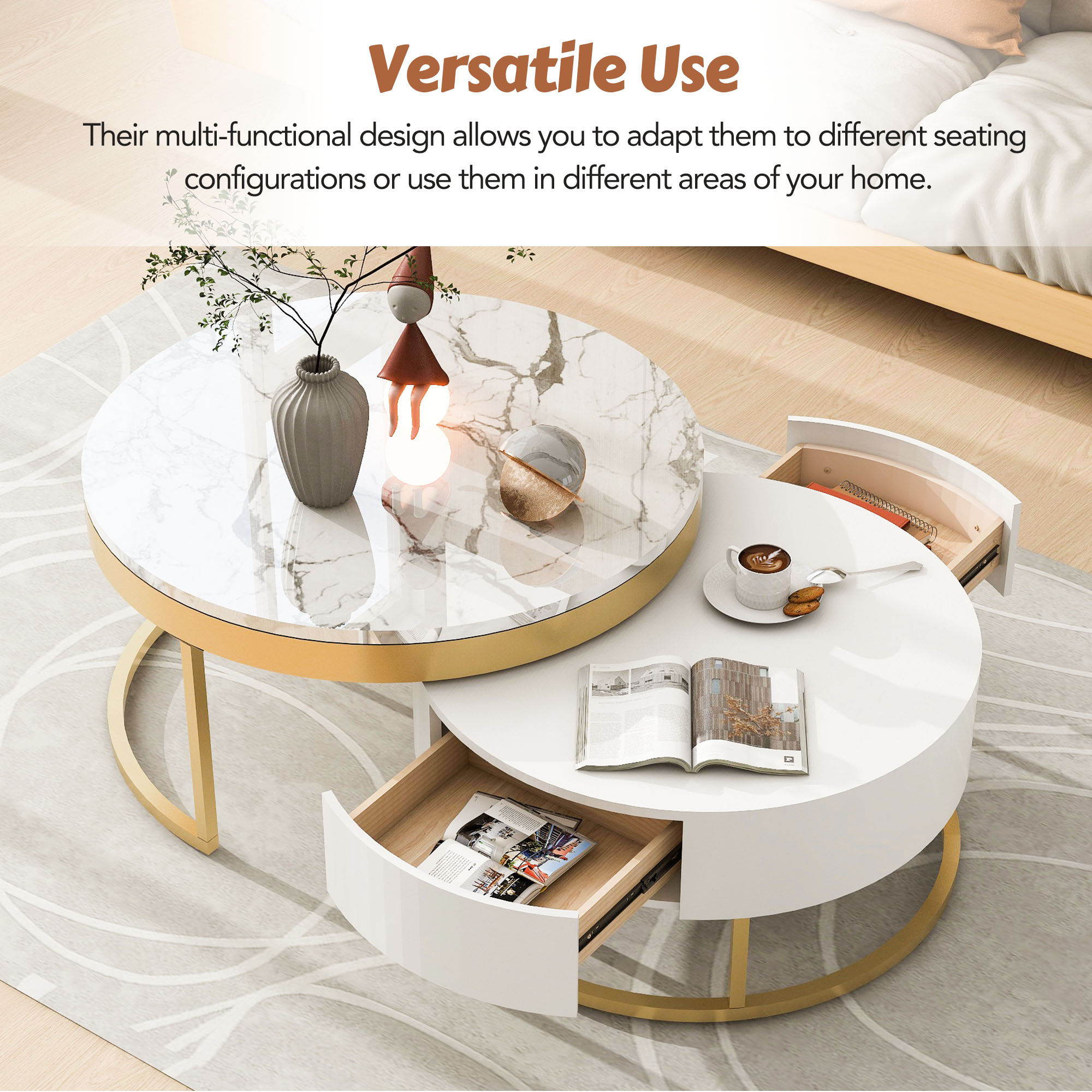 Round Nesting Coffee Table With Drawers - Golden / White