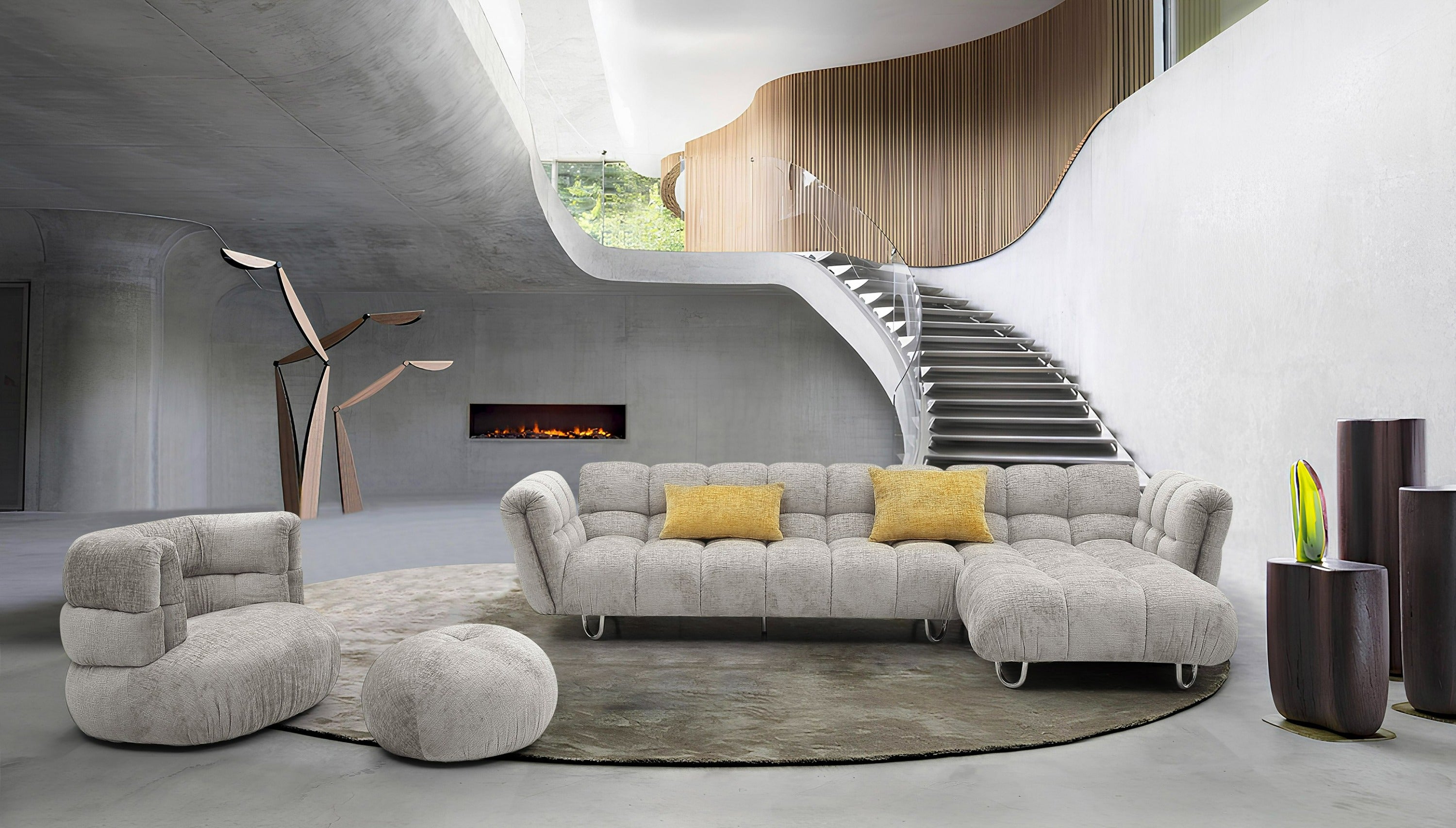 Divani Casa Jacinda - Modern Grey Fabric Right Facing Sectional Sofa with 2 Yellow Pillows