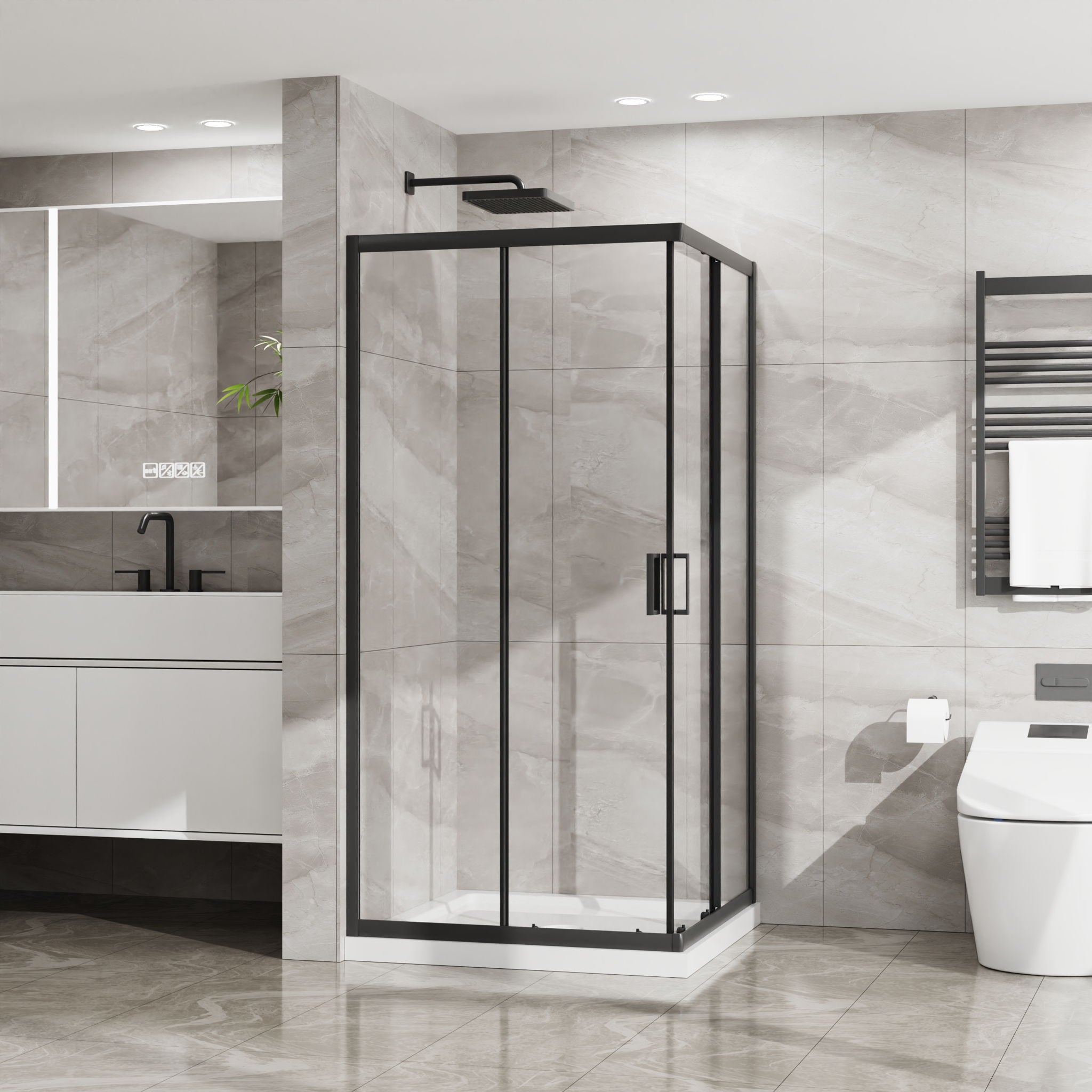 Corner Shower Enclosure, Double Sliding Door & Shower Base - Matte Black