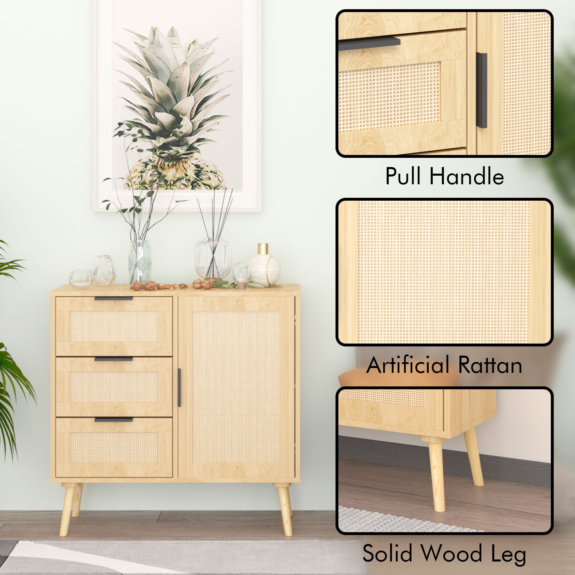 Dresser With Drawers And Adjustable Shelf - Antique Natural / Rattan