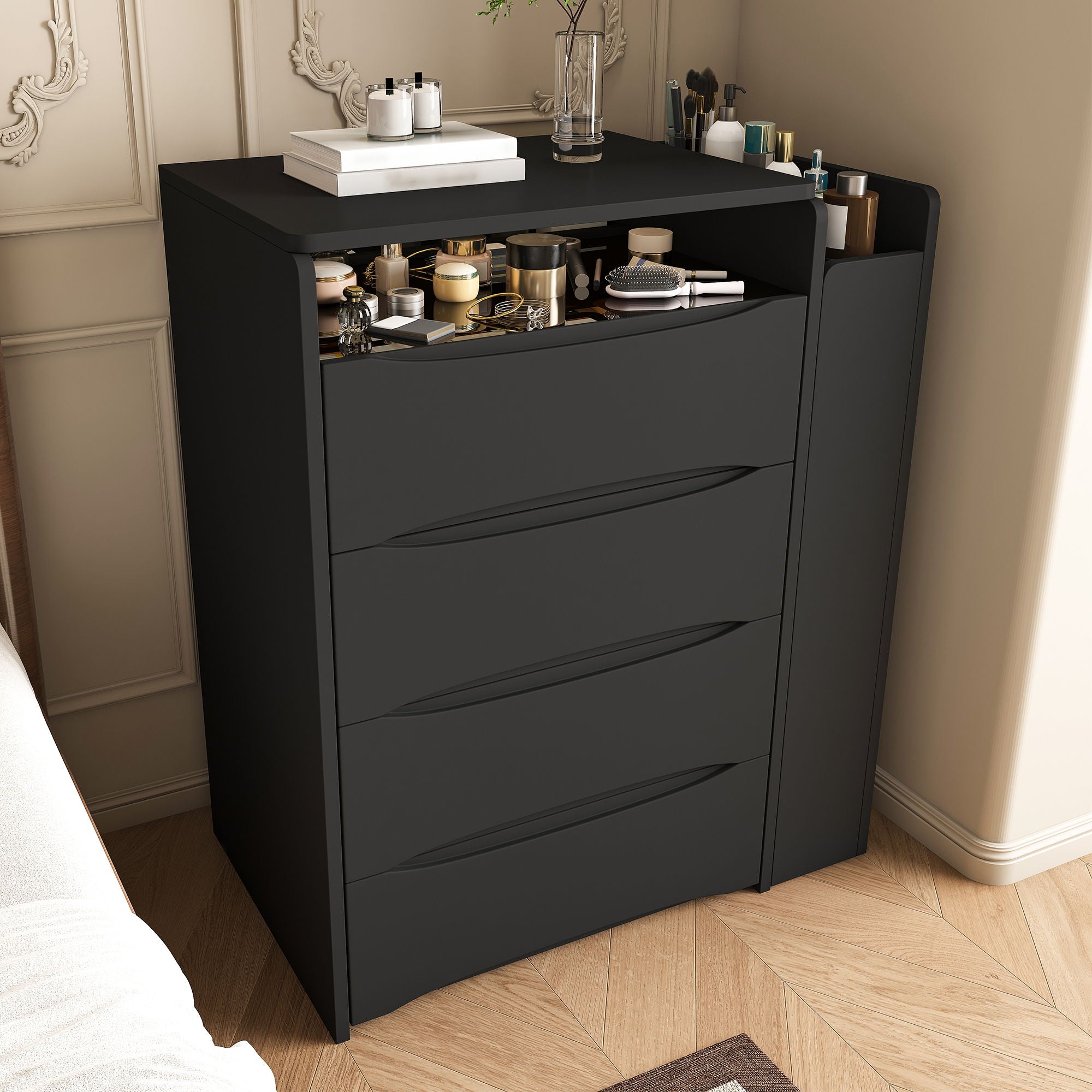 Flip Mirror Vanity Desk With Adjustable LED Lights & Stool For Bedroom