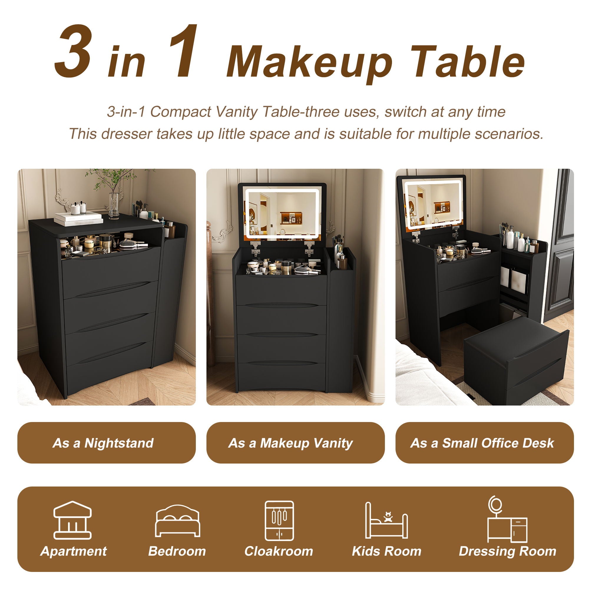 Flip Mirror Vanity Desk With Adjustable LED Lights & Stool For Bedroom