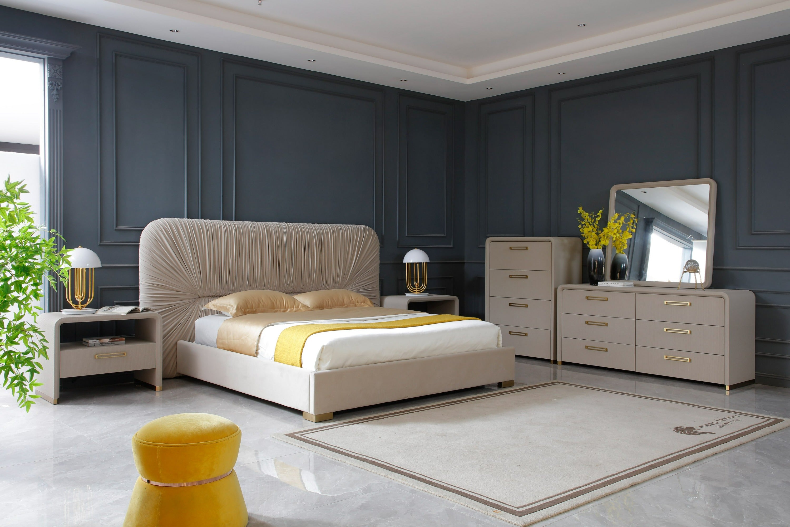 Modrest Florence - Modern Beige Velvet + Gold Bed