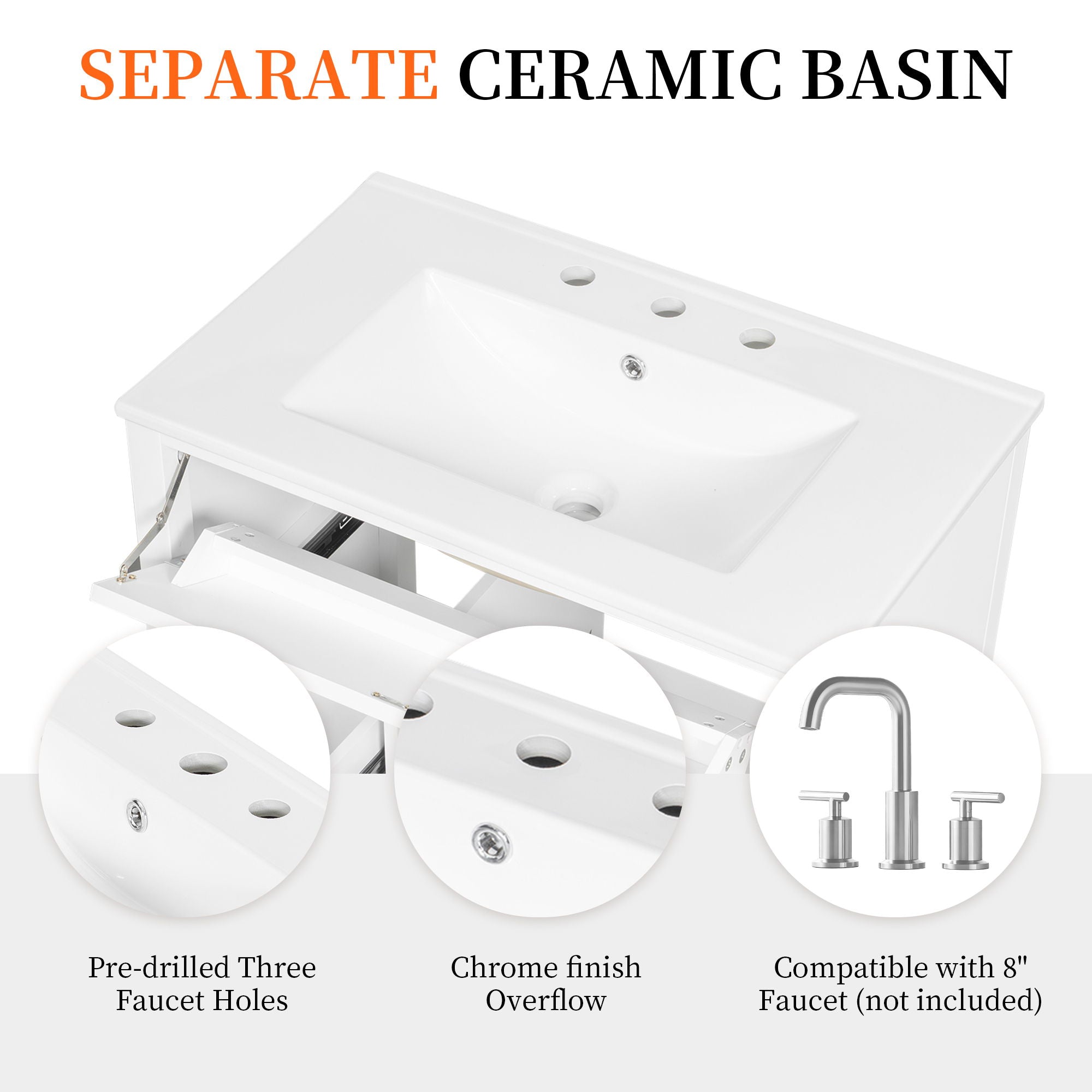 Bathroom Vanity With Sink, 3 Drawers & Cabinet With Adjustable Shelves