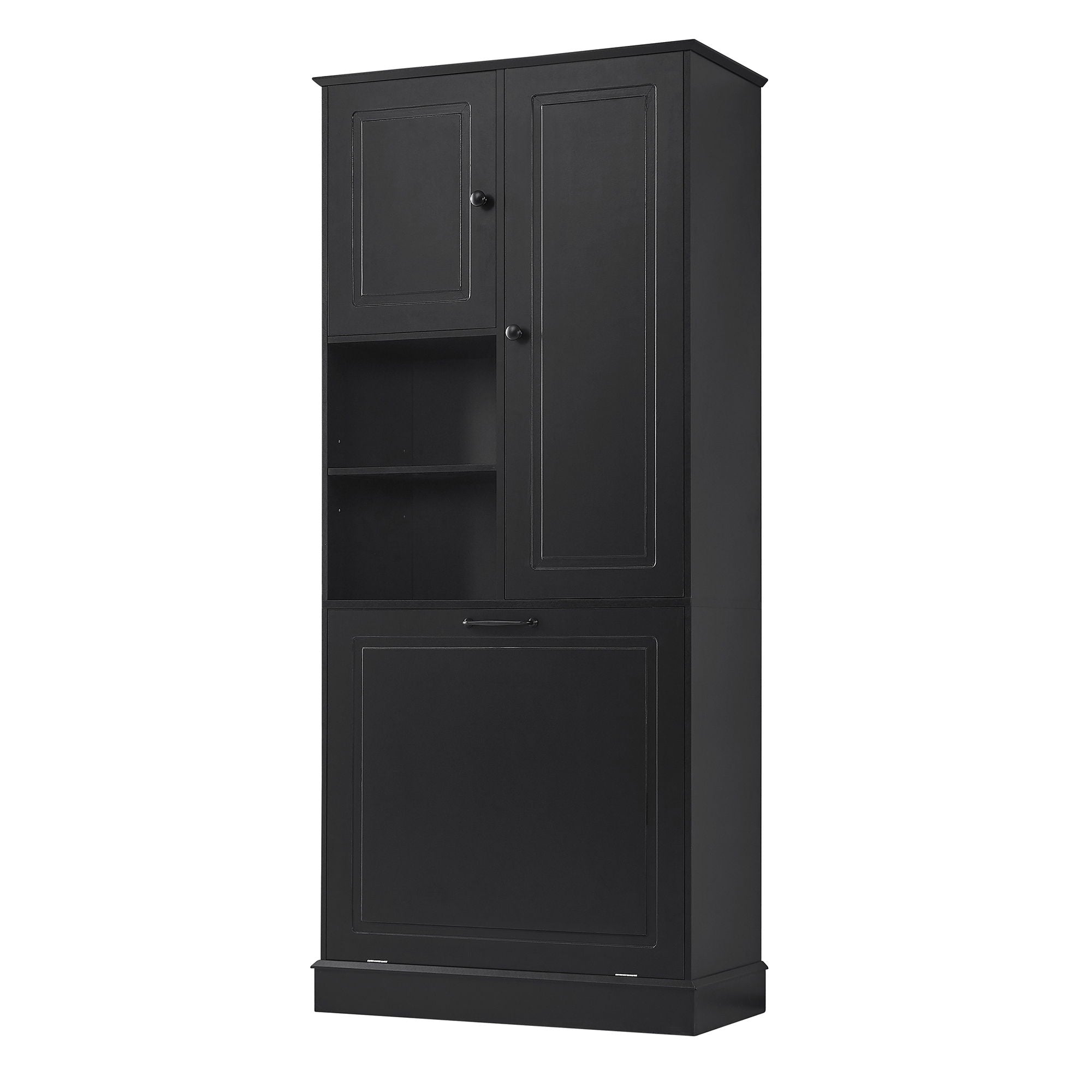 Modern Tall Storage Cabinet With Adjustable Shelves, Flip-Out Basket & Enclosed Doors