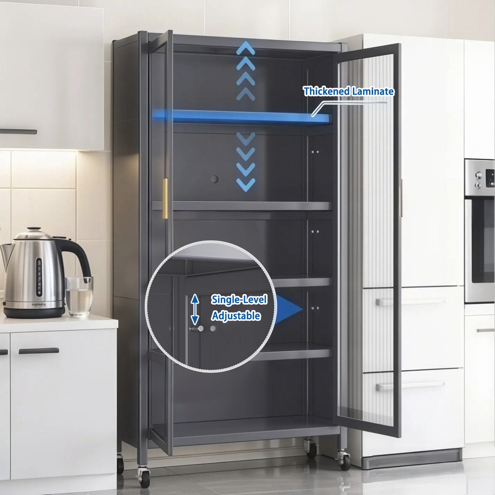 6 Tier Storage Cabinet With Transparent Door, Adjustable Shelves & Wheels