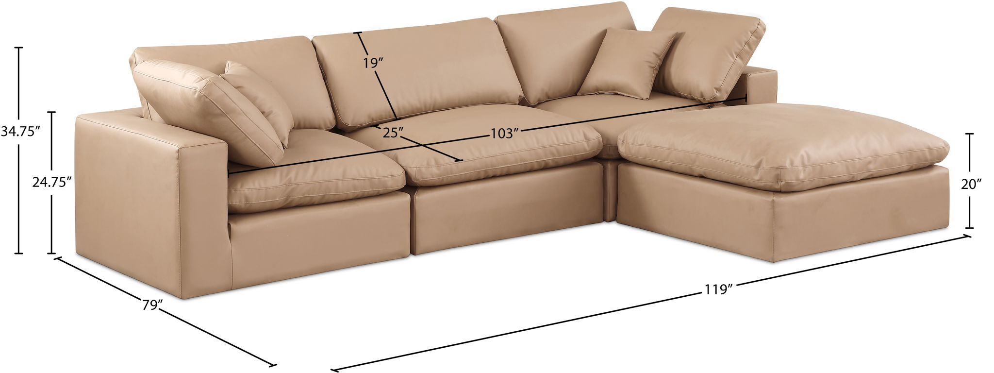 Comfy - 4 Piece Faux Leather Modular Sectional With Chaise - Tan
