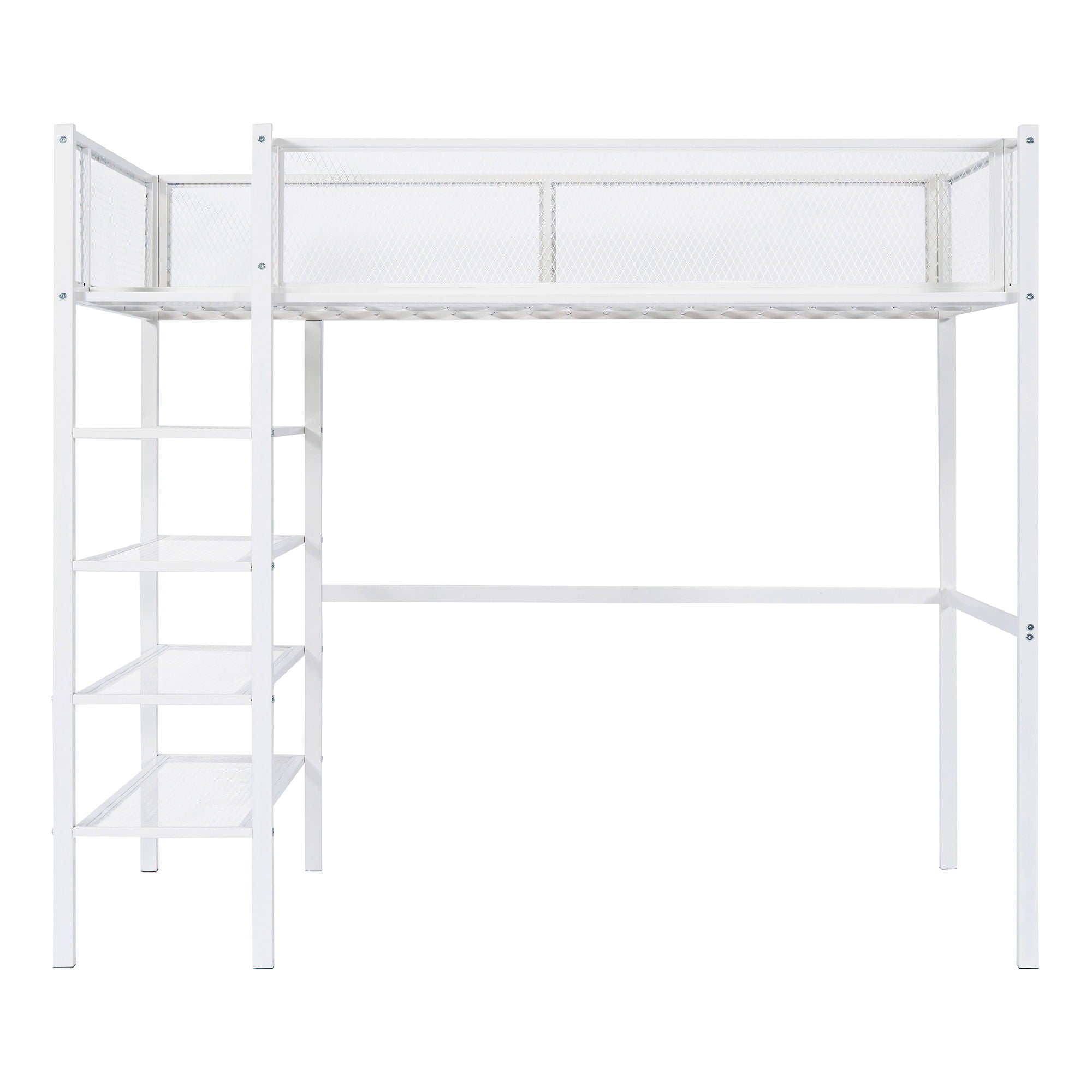 Twin Size Loft Bed With 4 Tier Shelves And Storage - White