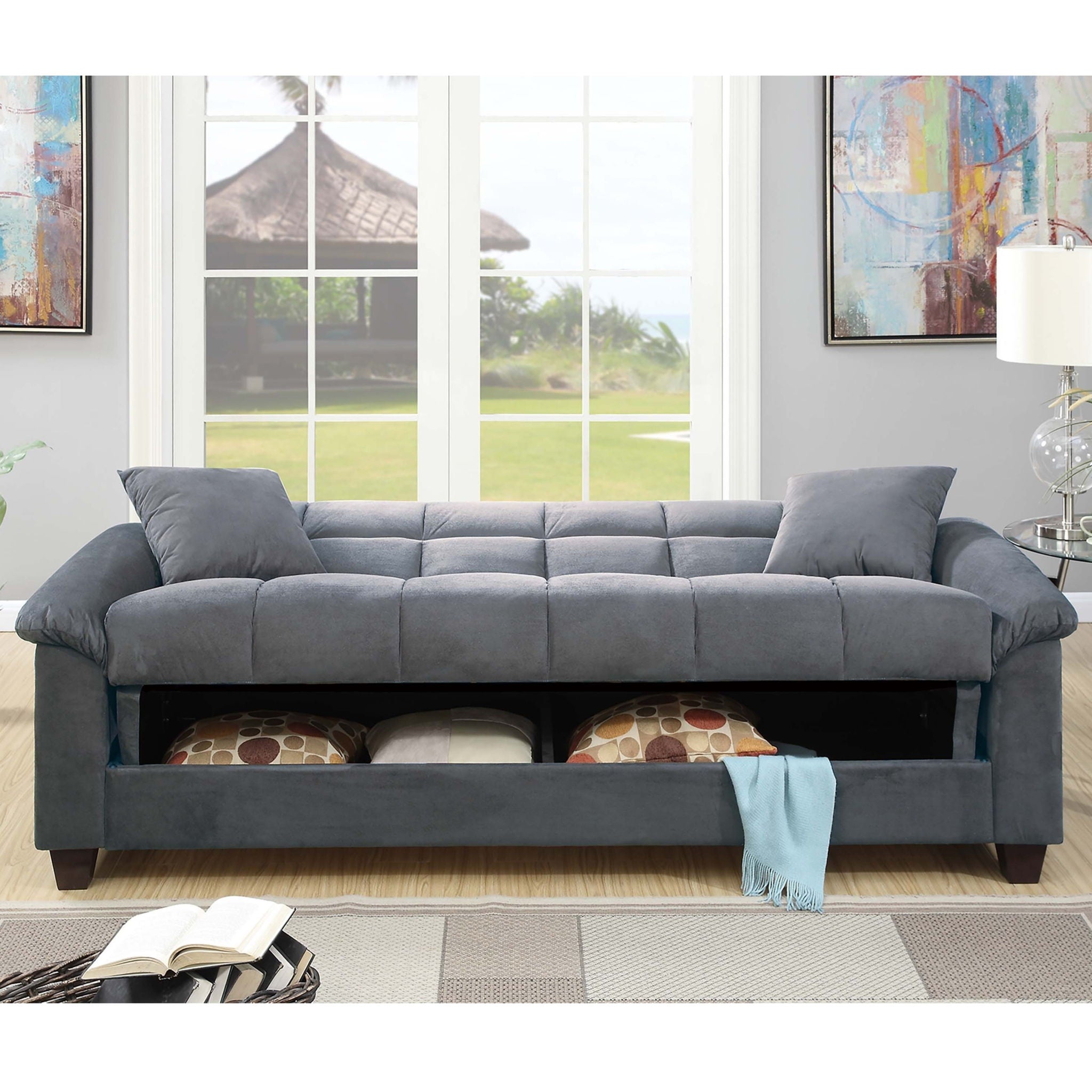 Adjustable Sofa With Hidden Storage And USB Port, Plush Cube Pattern Couch With Pillows - Gray