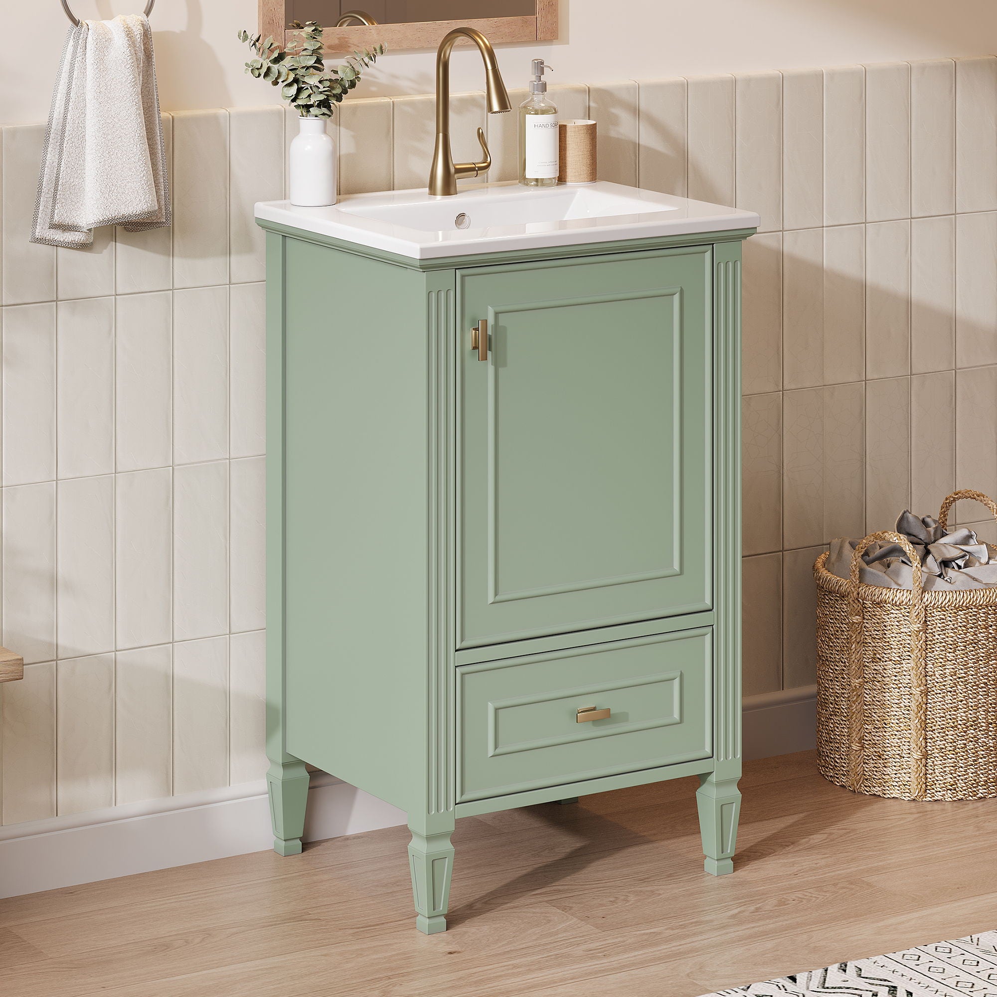 Bathroom Vanity & Sink, Freestanding Storage Cabinet, Soft Close Drawers & Doors - Green