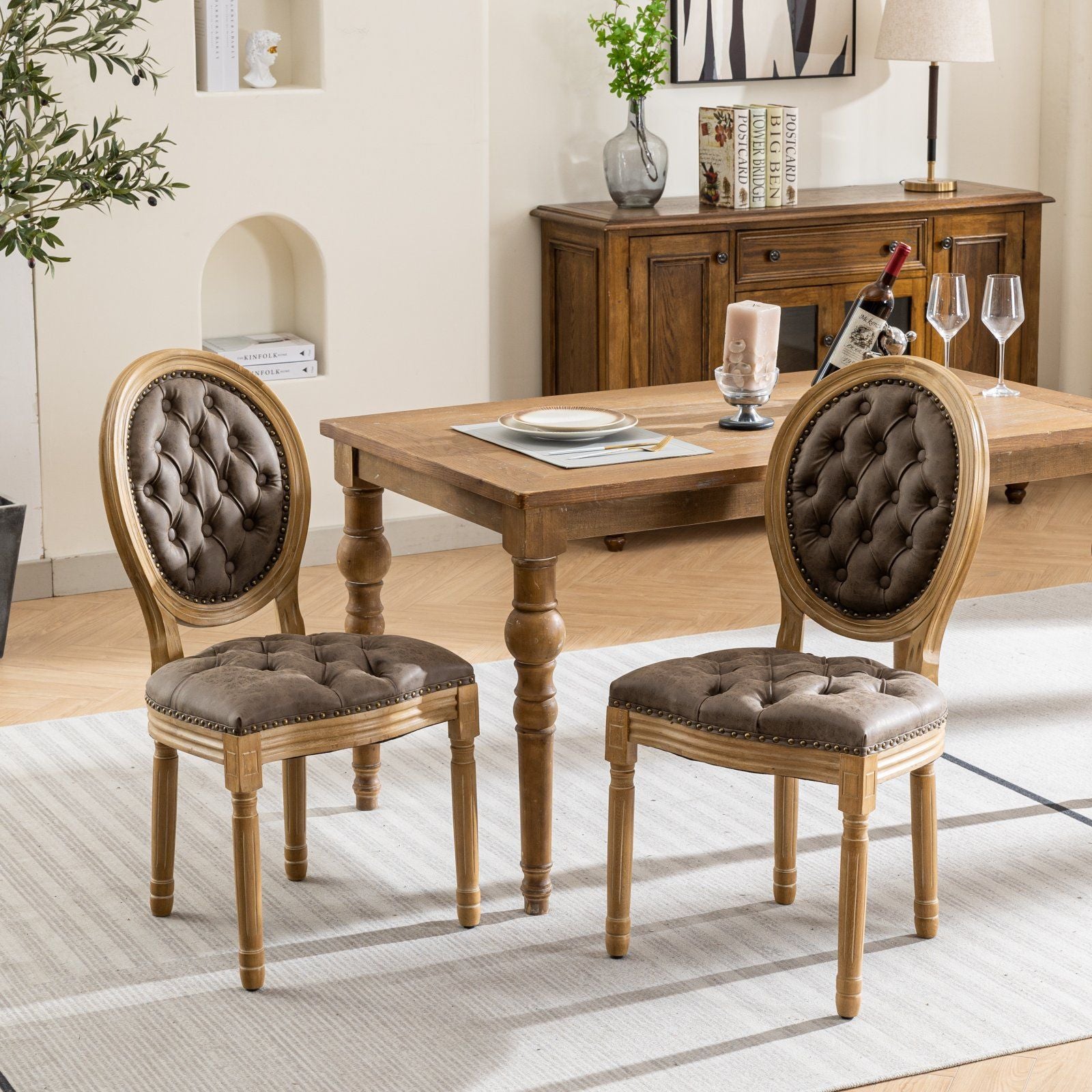 French Style Solid Wood Frame Antique Painting, Hand-Pulled Buckle Decoration Artificial Dining Chair With Nailhead Trim, Wood Legs