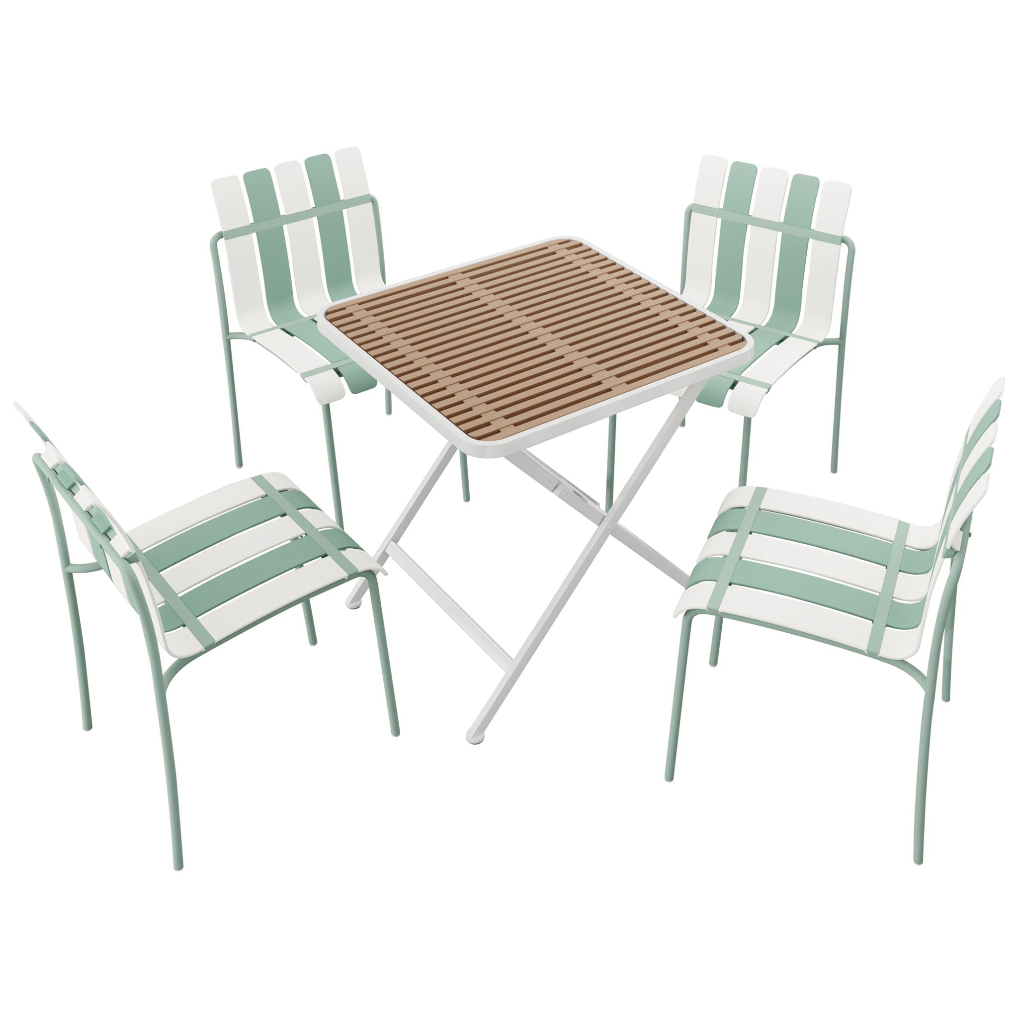 4 Piece Set Of Color Block Designed Single Chairs, Folding Square Table - Haze Green / Khaki / White