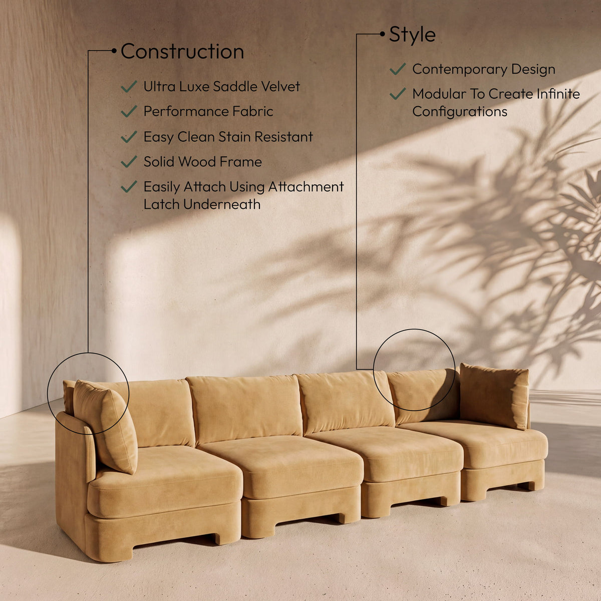 Hammond - Velvet Performance Fabric Upholstered 4 Piece Sofa
