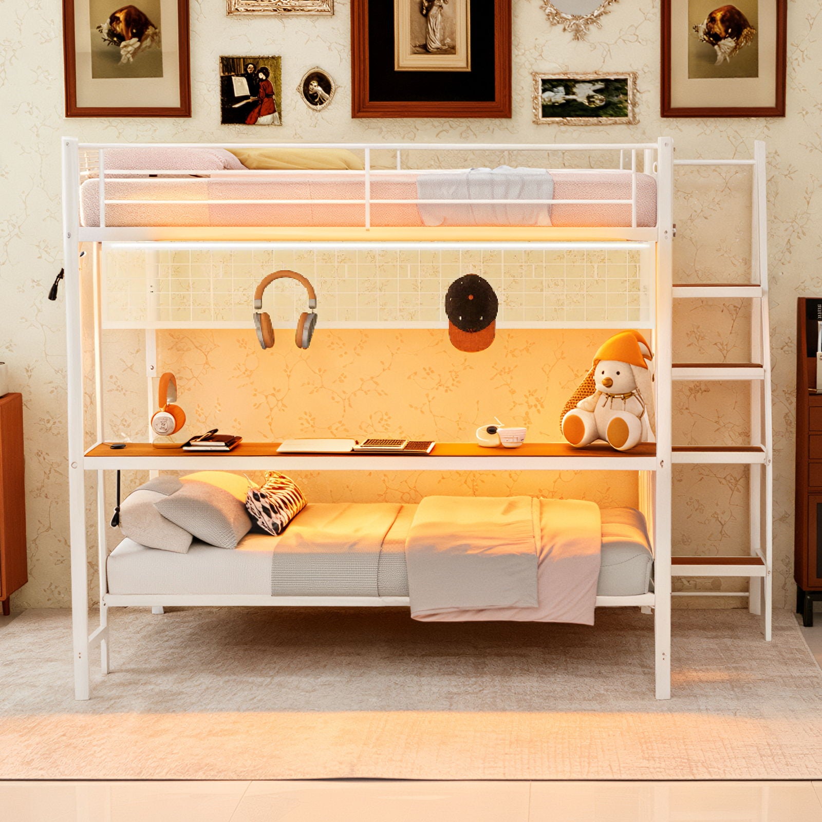 Bunk Bed With Built In Desk And LED Lighting