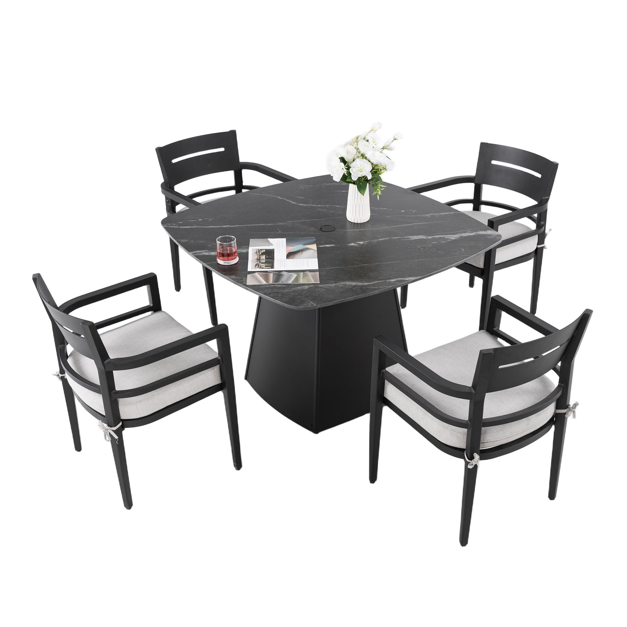 Outdoor Patio Dining Set, Squircle Dining Table, Dining Chairs With Sunbrella Cushions