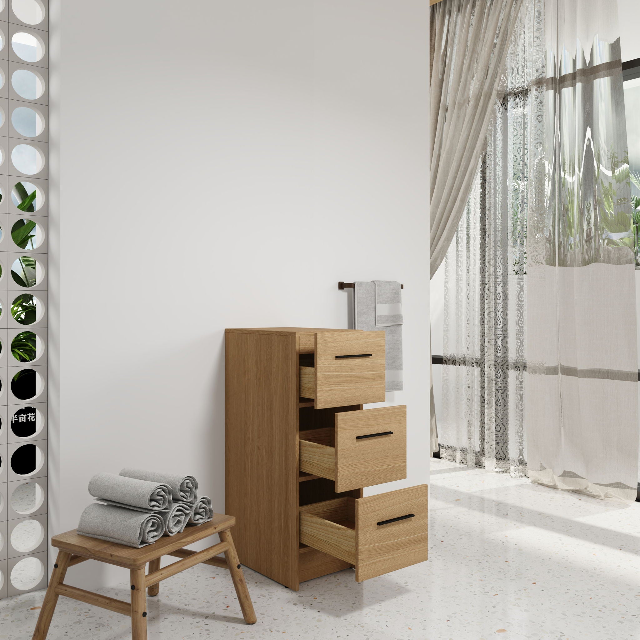 Slim Freestanding Bathroom Storage Cabinet, 3 Drawers - Light Oak