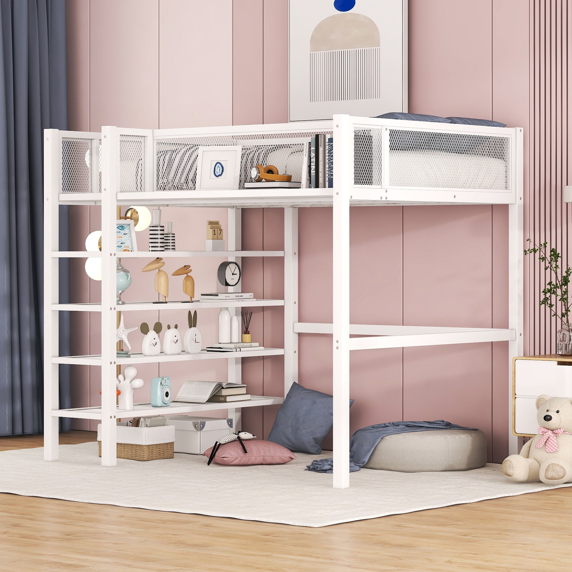 Twin Size Loft Bed With 4 Tier Shelves And Storage - White