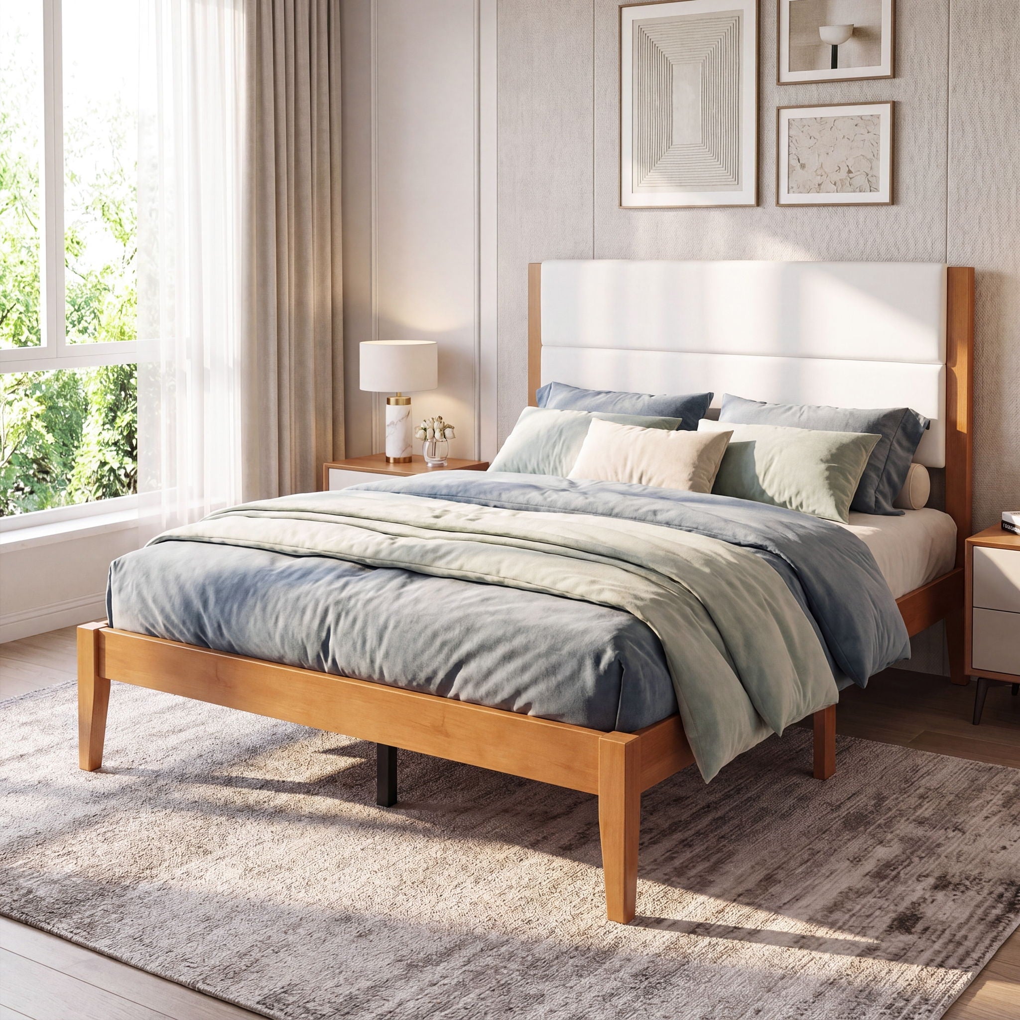 Platform Bed Frame With Upholstered Headboard, Slat Support