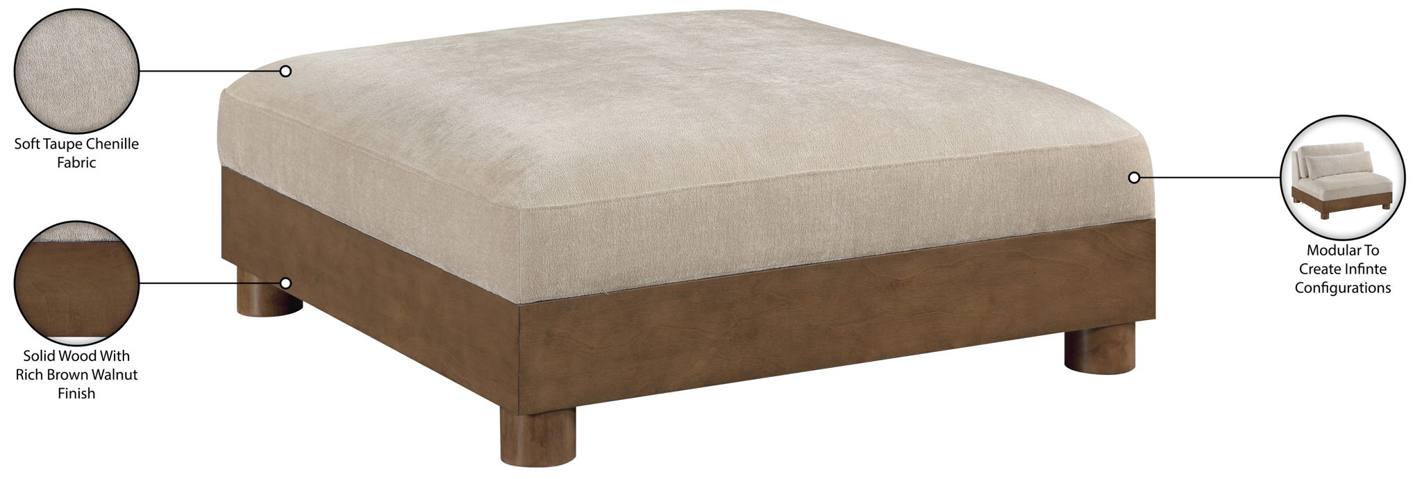 Turin - Chenille Fabric Upholstered Modular Ottoman - Taupe / Brown Walnut