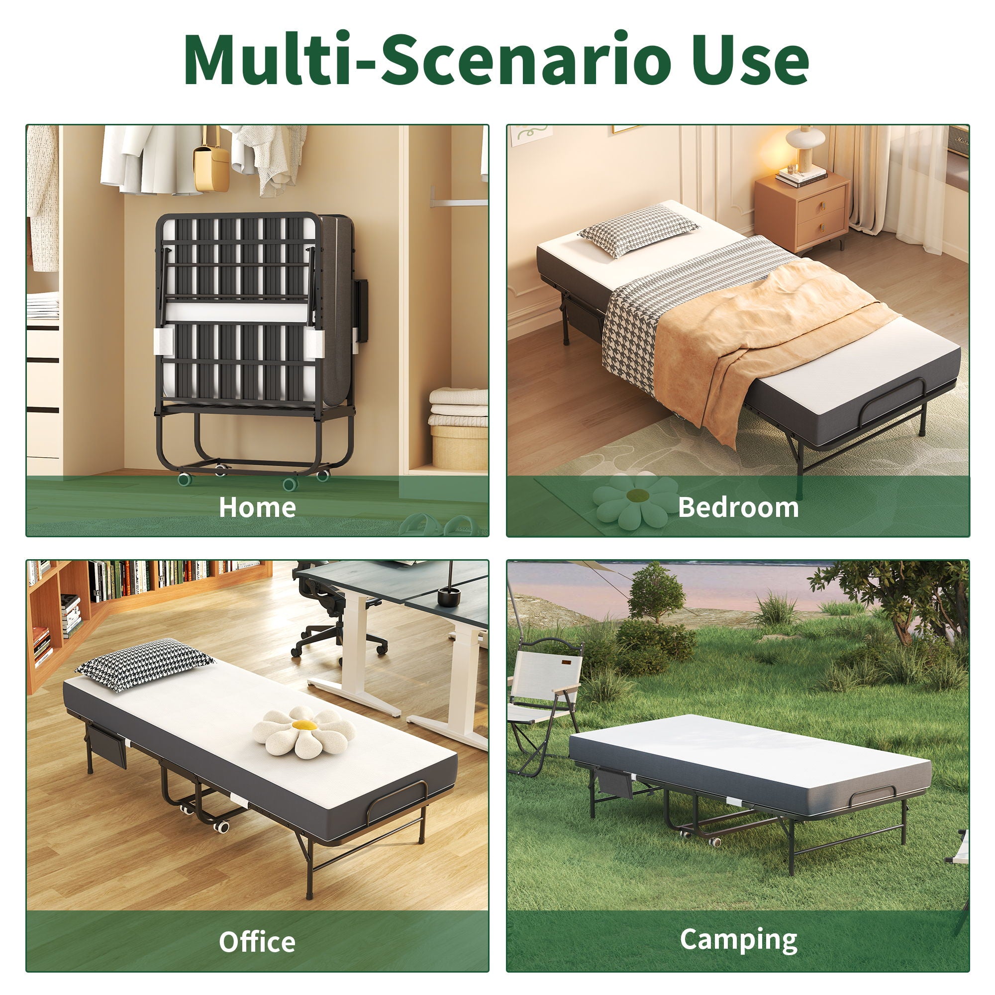 Twin Folding Bed With Memory Foam Mattress, On Wheels, Portable Bed For Adults & Guests - Black