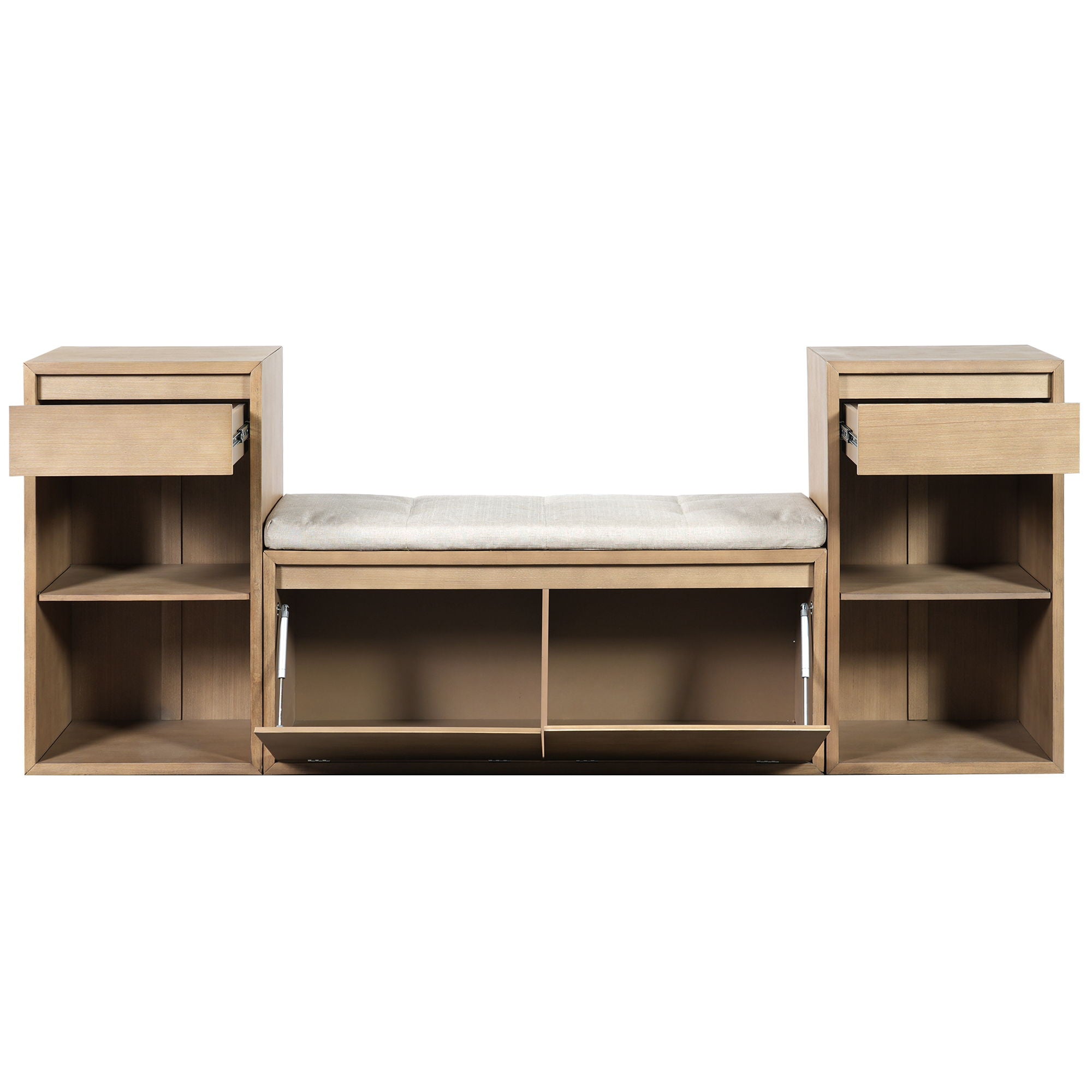 Entryway Storage Bench With Cushion, Drawers & Open Shelves