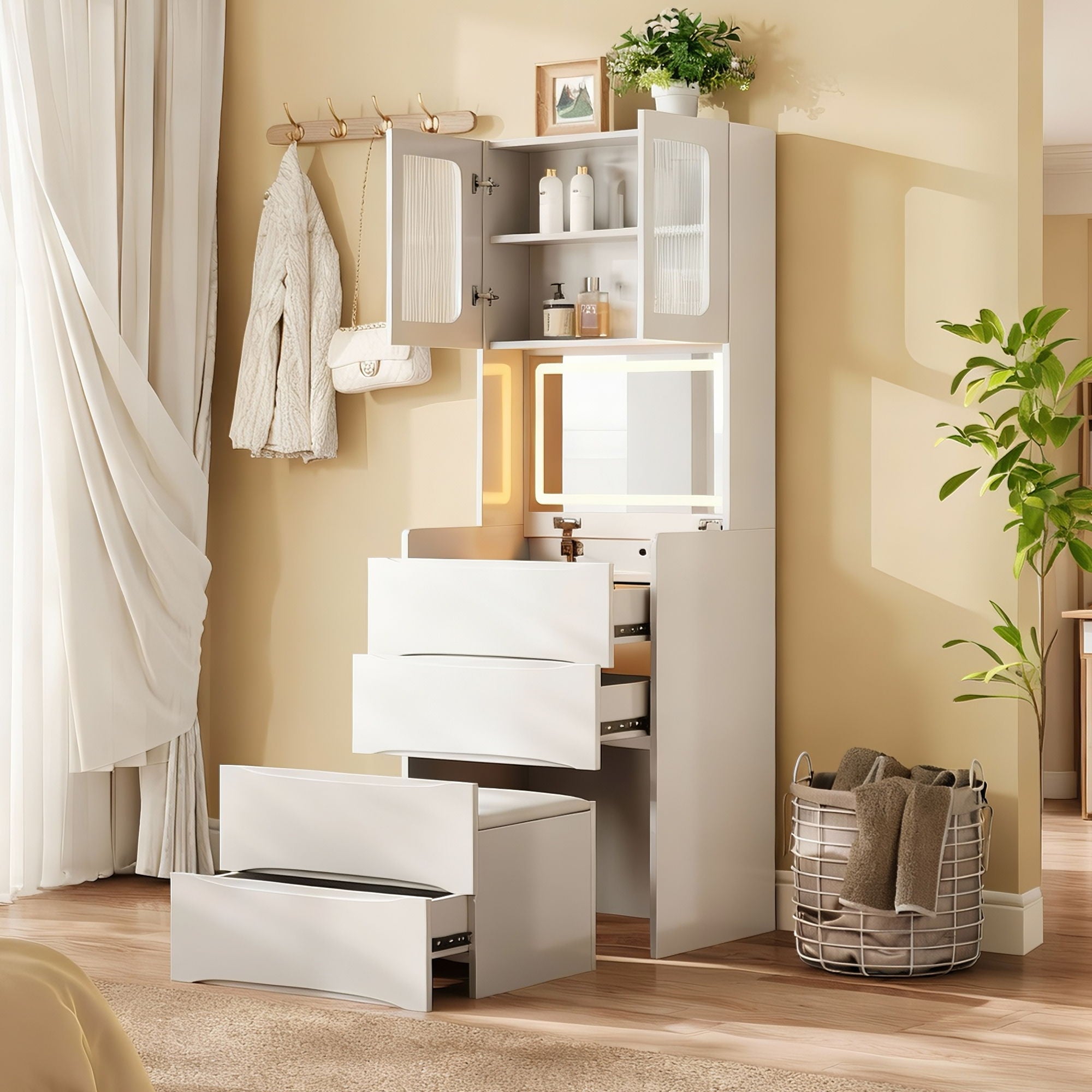 3 In 1 Vanity Table With LED Mirror & Storage Stool For Bedroom