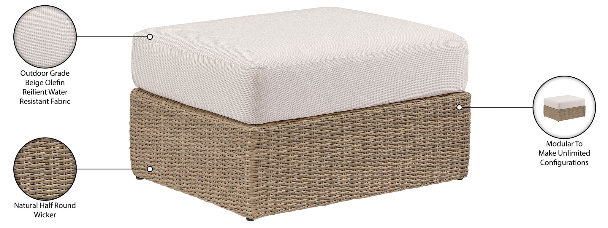 Seacrest - Olefin Water Resistant Fabric And Wicker Outdoor Patio Ottoman/Coffee Table