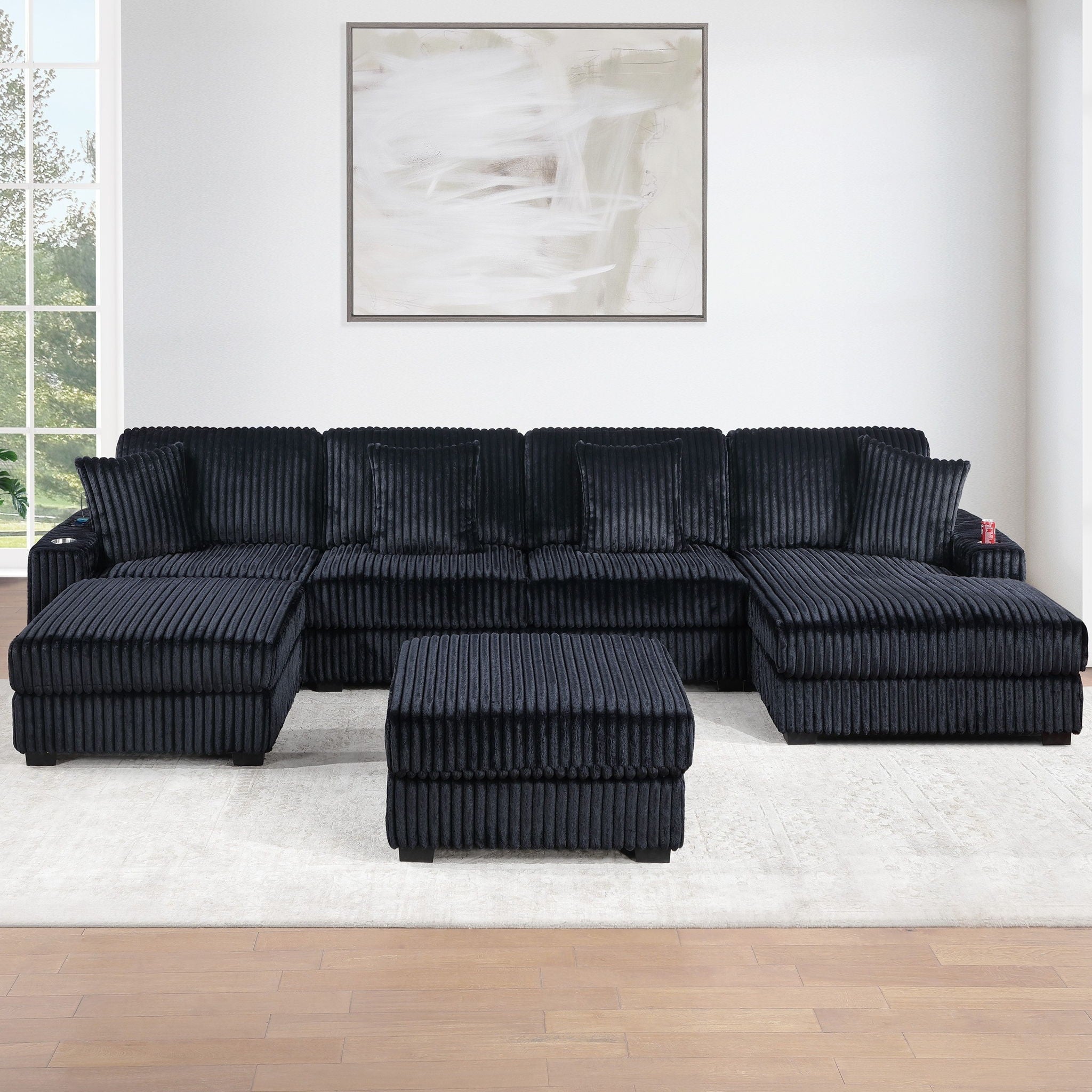1 Piece Right Arm Facing Chaise With Cup Holder Only Modular Piece Texture Upholstered Living Room Furniture - Black