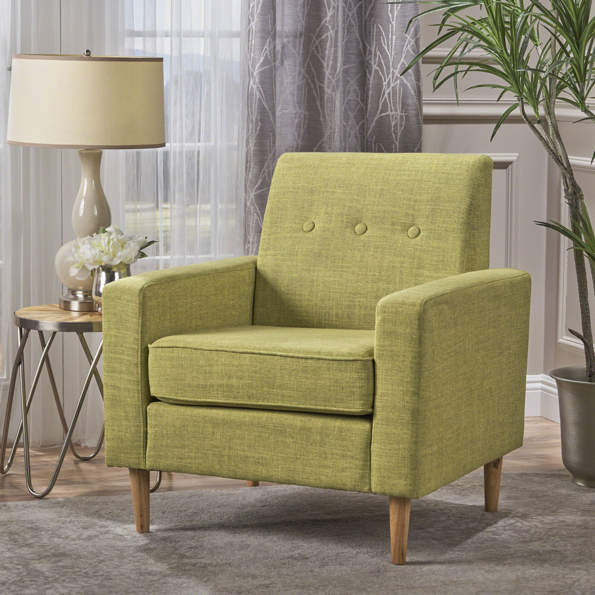 Modern Club Chair, Elegant Fabric With Rubberwood Legs - Green
