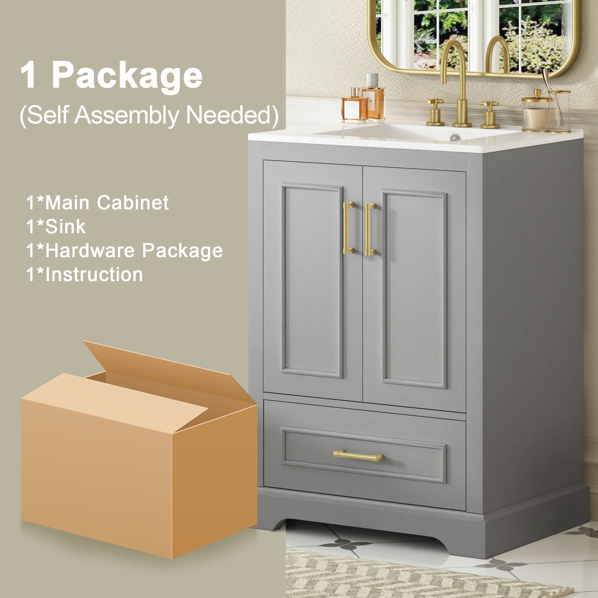 Bathroom Vanity With Sink, 1 Divided Drawer And 2 Soft Close Doors With Double Shelf