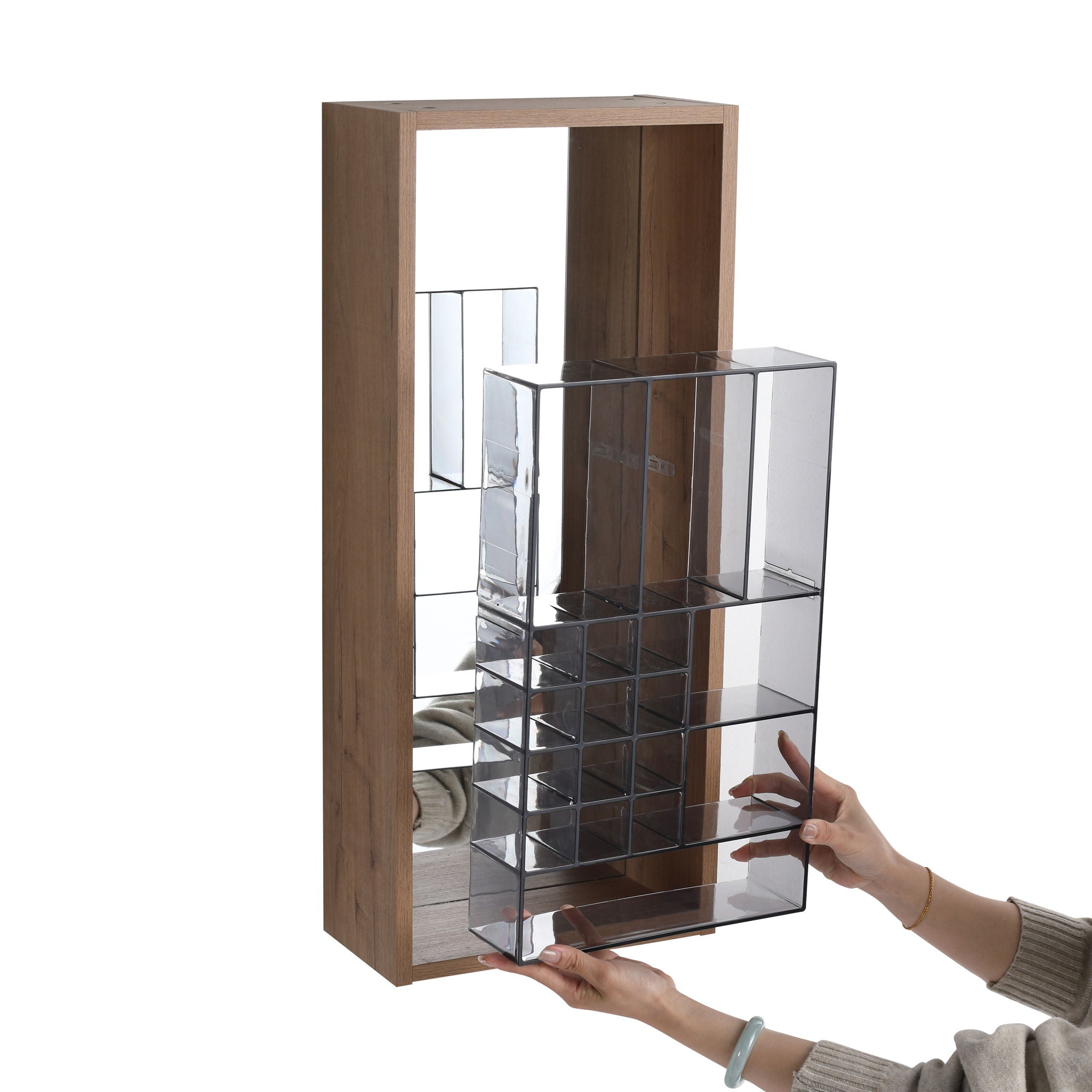 12" Wall Mounted Mirror Cabinet With Storage - Imitative Oak