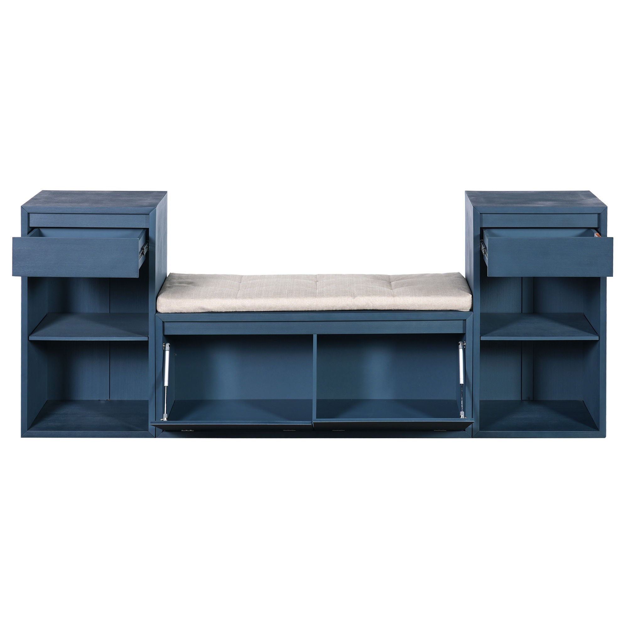 Entryway Storage Bench With Cushion, Drawers & Open Shelves