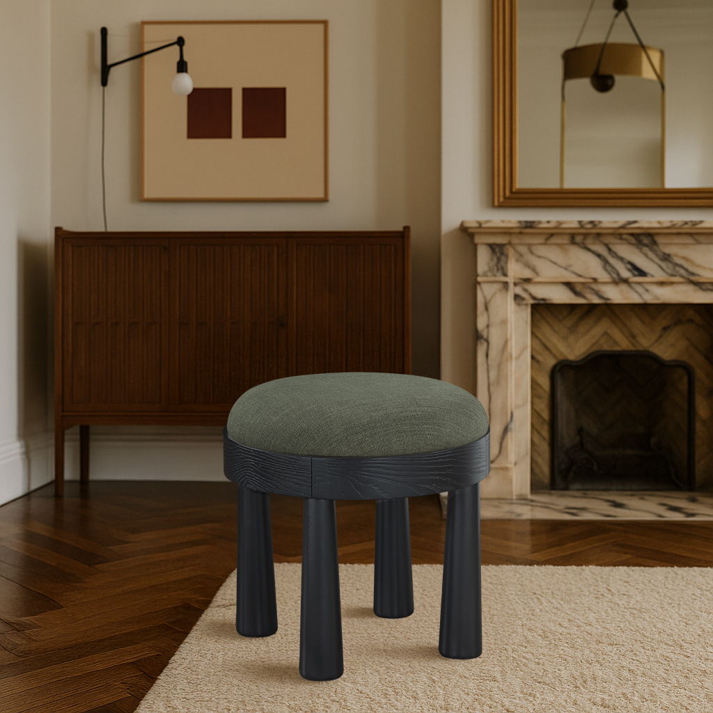 Larea - Linen Textured Fabric Ottoman - Black Base