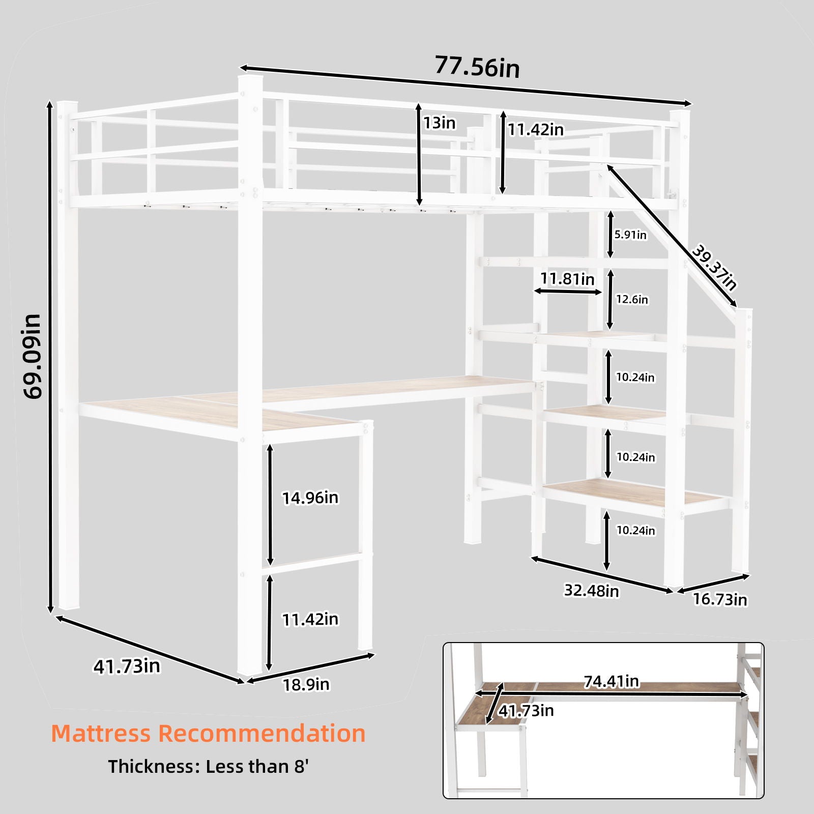 Loft Bed & L-Shaped Desk, Large Storage Space