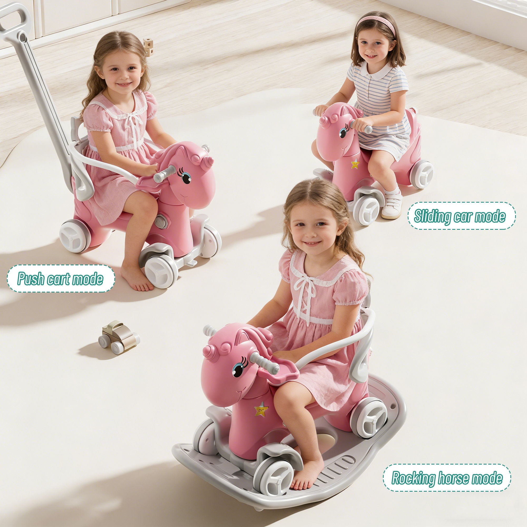 Unicorn Rocking Horse For Toddlers, Ride On Toy With Push Handle And Balance Board - Pink