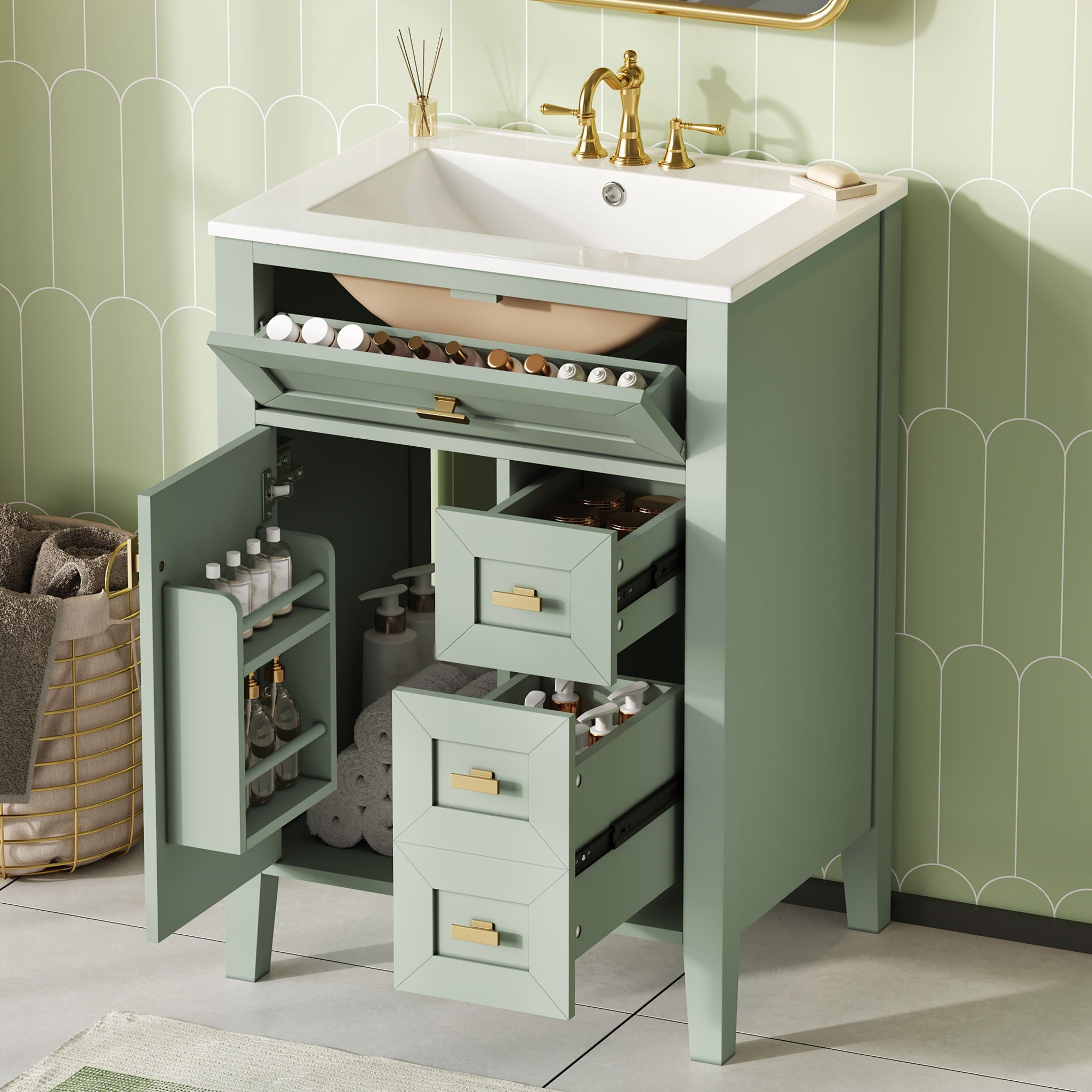 Bathroom Vanity With Sink, 3 Drawers & Cabinet With 2 Tier Door Storage Rack, Soft Close Doors & Drawers